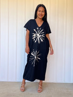 Mala Handworks Alisa Petite Cotton Kaftan in Black with Hand-Painted Starburst