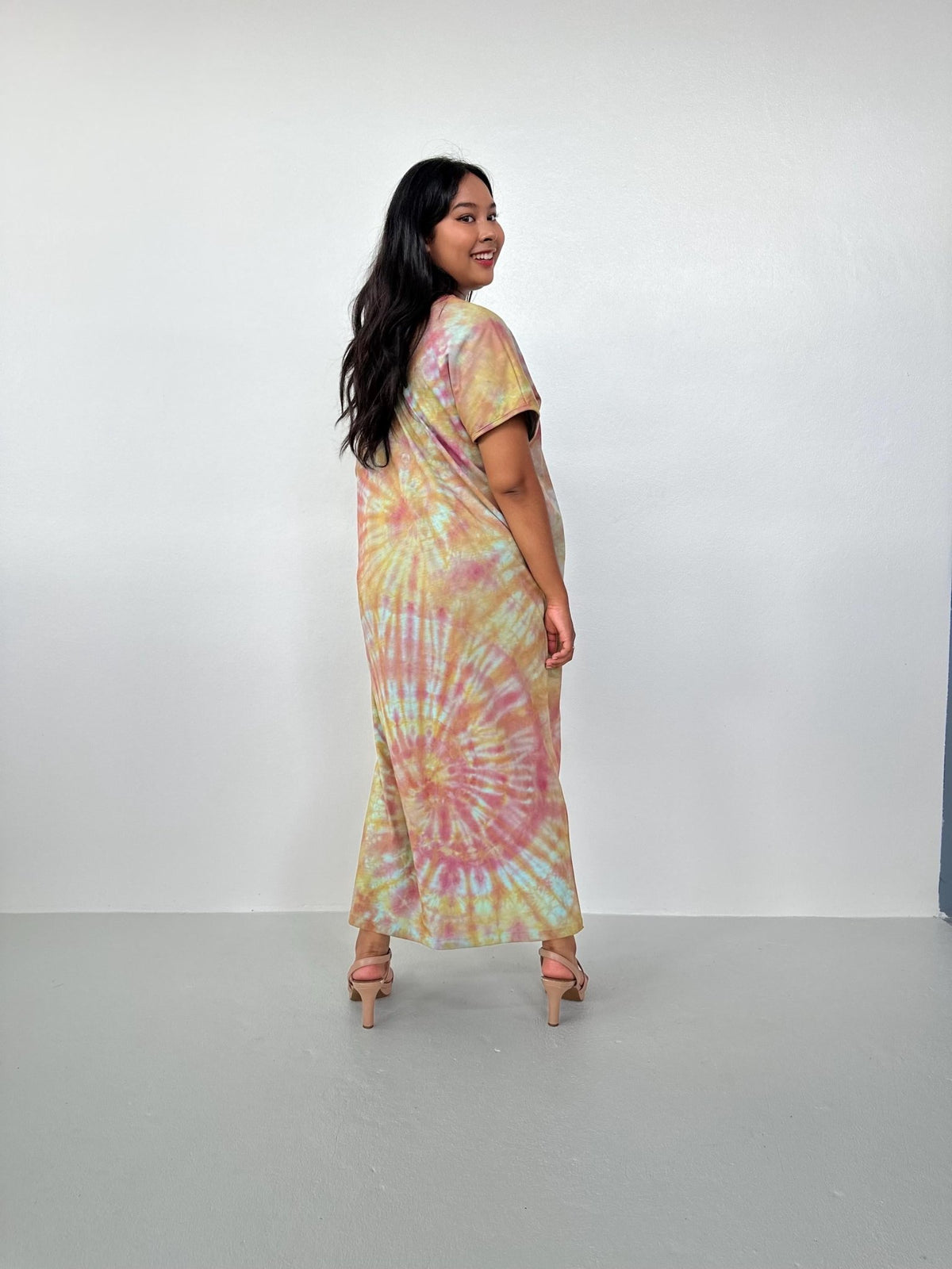 Mala Handworks Alisa Petite Cotton Kaftan in Lilac, Mango & Orange Tie Dye