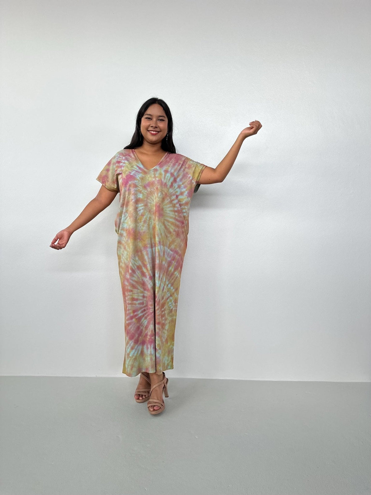 Mala Handworks Alisa Petite Cotton Kaftan in Lilac, Mango & Orange Tie Dye
