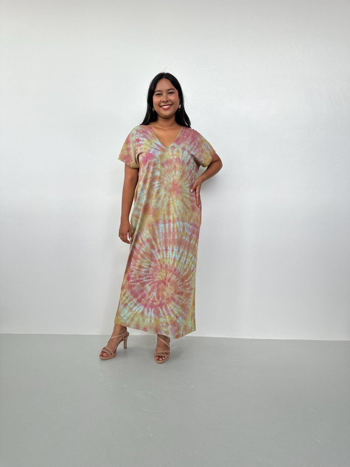 Mala Handworks Alisa Petite Cotton Kaftan in Lilac, Mango & Orange Tie Dye