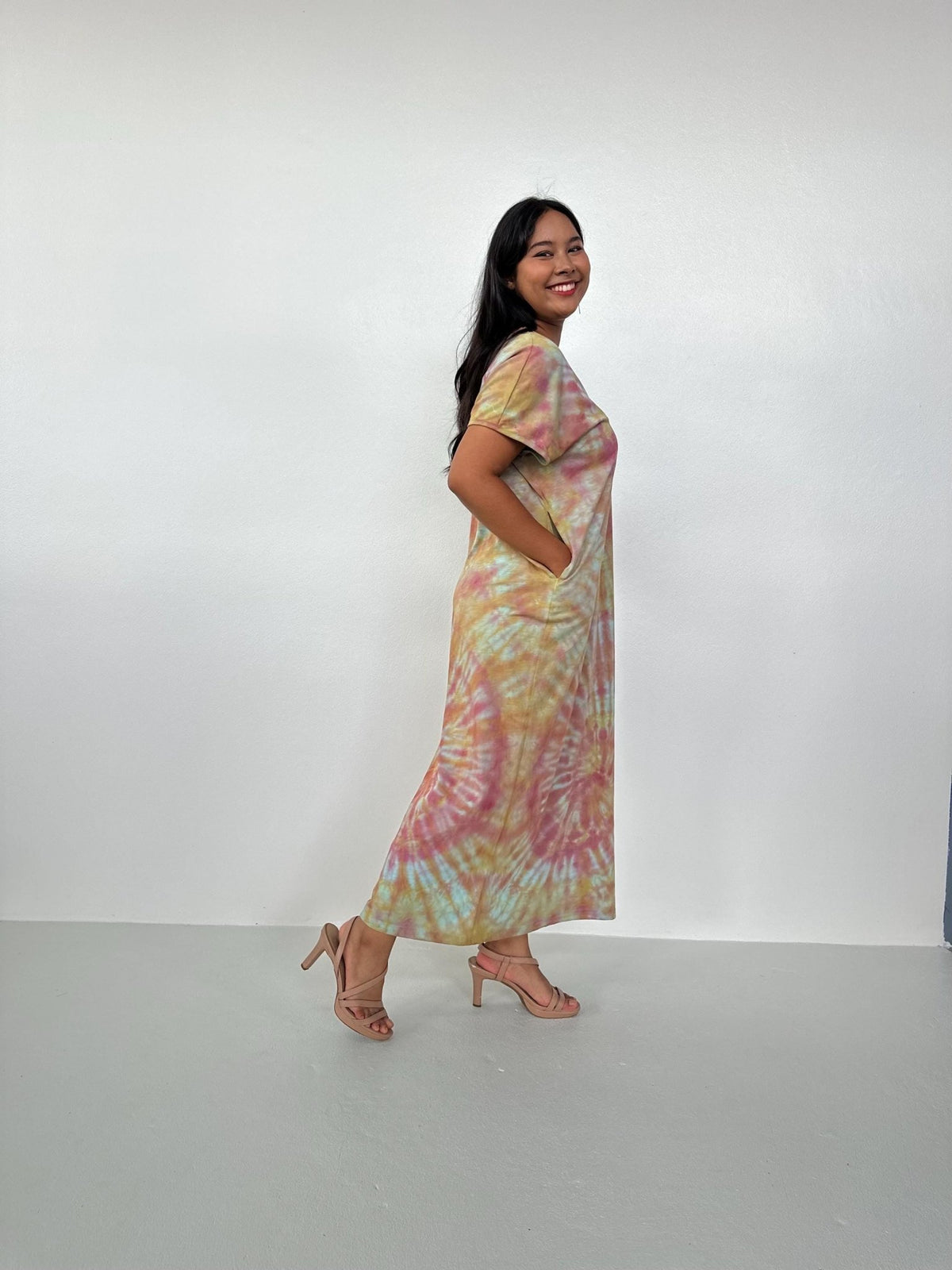 Mala Handworks Alisa Petite Cotton Kaftan in Lilac, Mango & Orange Tie Dye