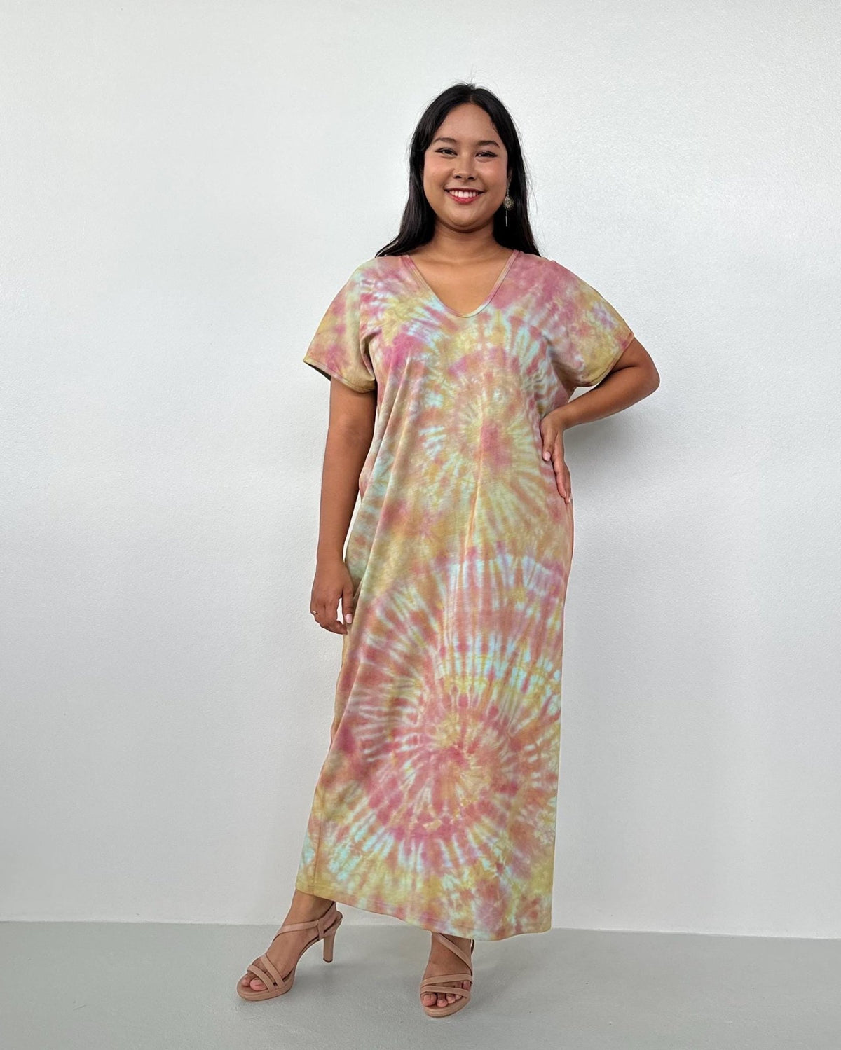 Mala Handworks Alisa Petite Cotton Kaftan in Lilac, Mango & Orange Tie Dye