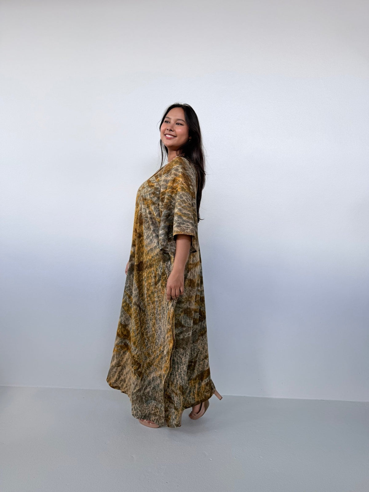 Amina Hand-Painted Kaftan - Yellow & Tan Natural Colors-AM-16-52-Mala Handworks