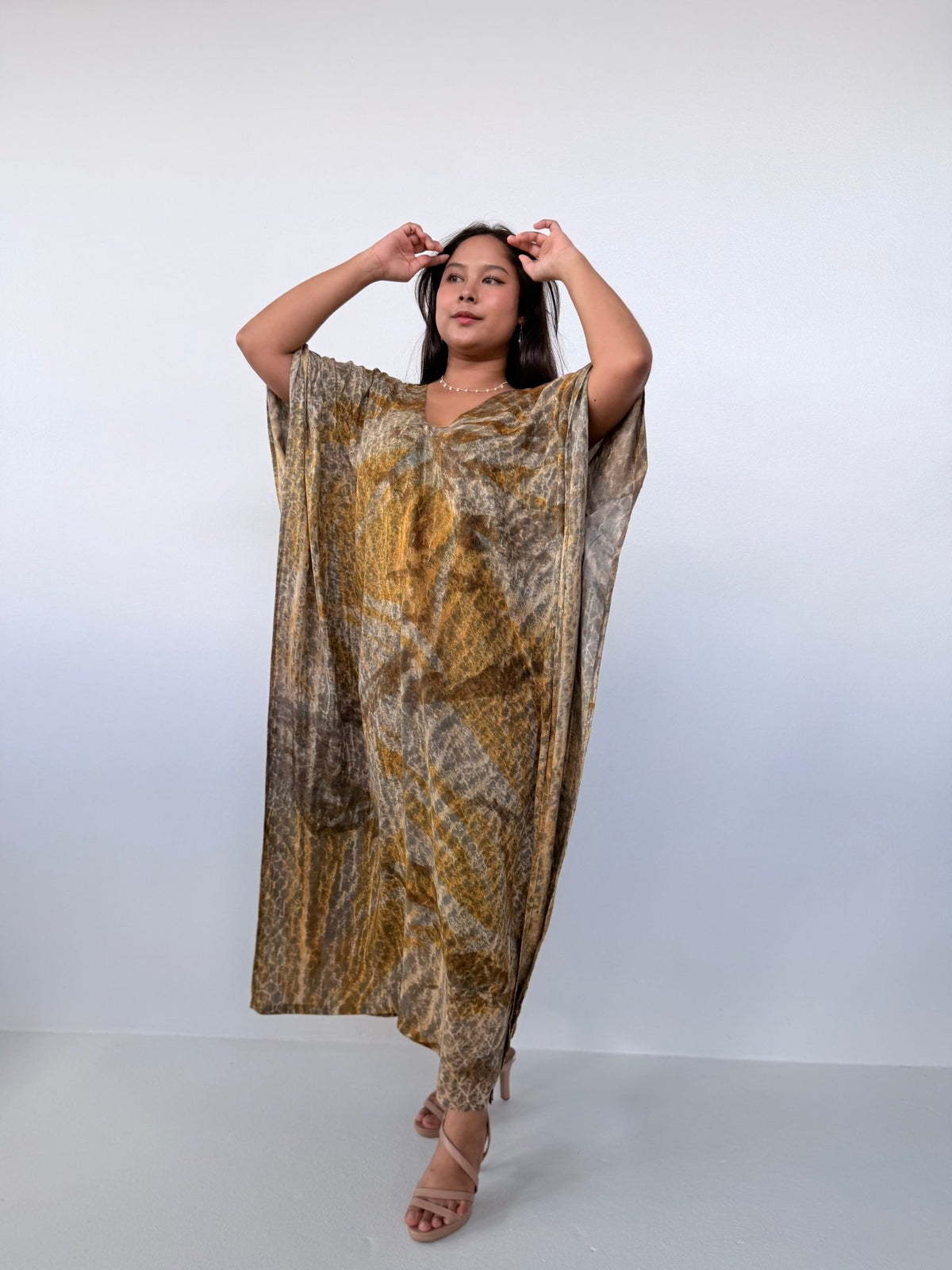 Amina Hand-Painted Kaftan - Yellow & Tan Natural Colors-AM-16-52-Mala Handworks