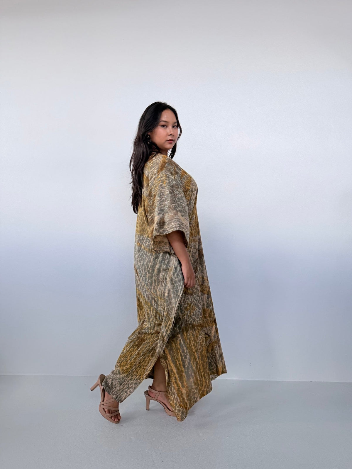 Amina Hand-Painted Kaftan - Yellow & Tan Natural Colors-AM-16-52-Mala Handworks