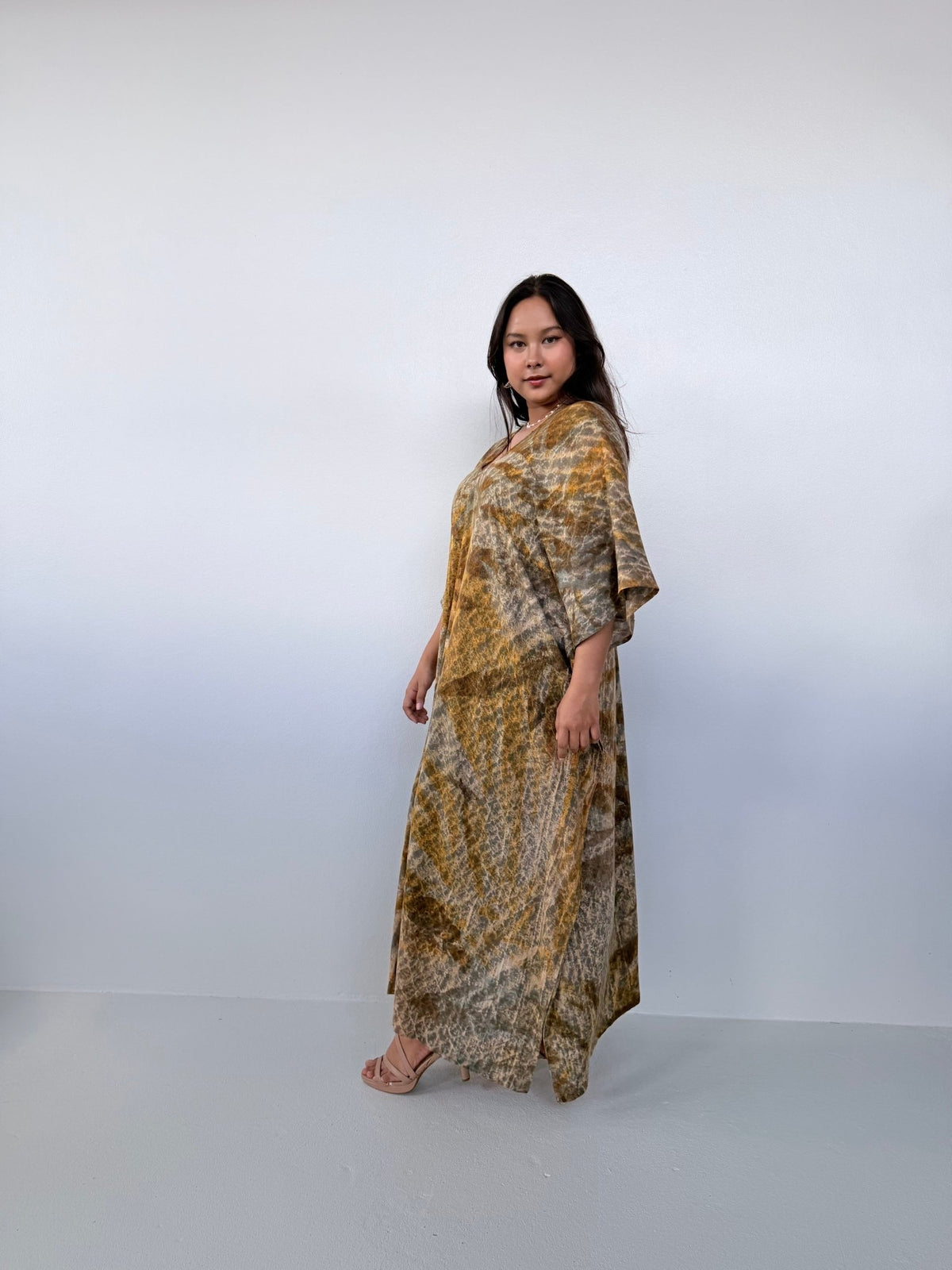 Amina Hand-Painted Kaftan - Yellow & Tan Natural Colors-AM-16-52-Mala Handworks