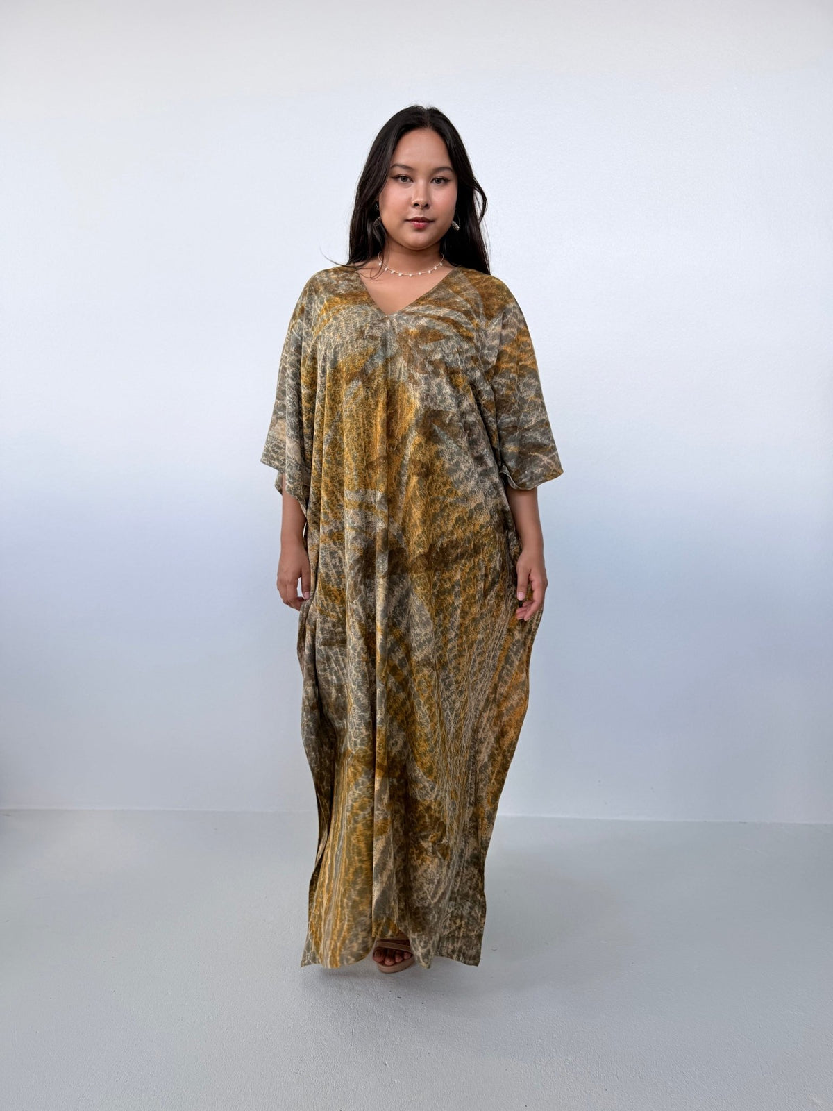 Amina Hand-Painted Kaftan - Yellow & Tan Natural Colors-AM-16-52-Mala Handworks