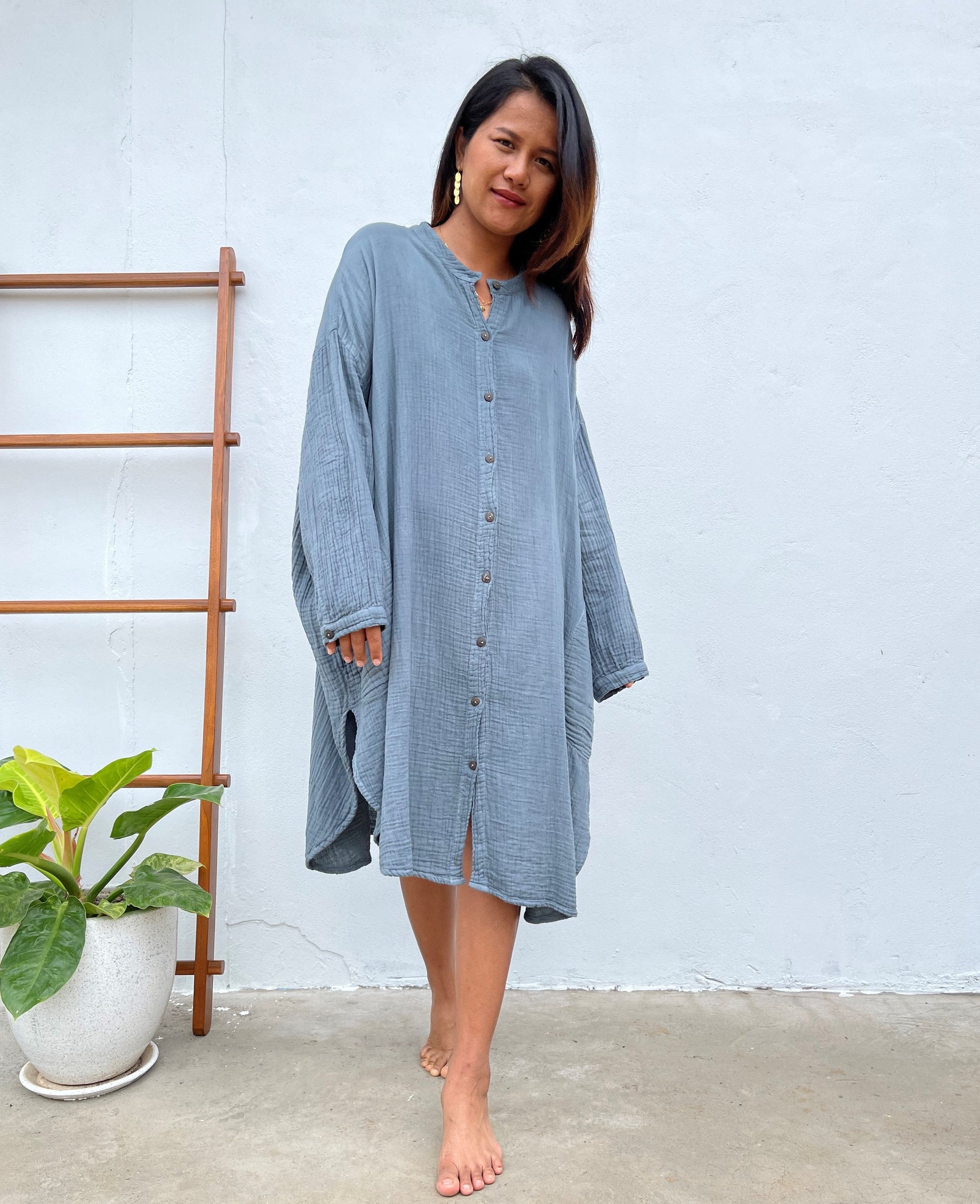MALA handworks Aura Double Gauze Cotton Midi Shirt Dress in Blue Gray