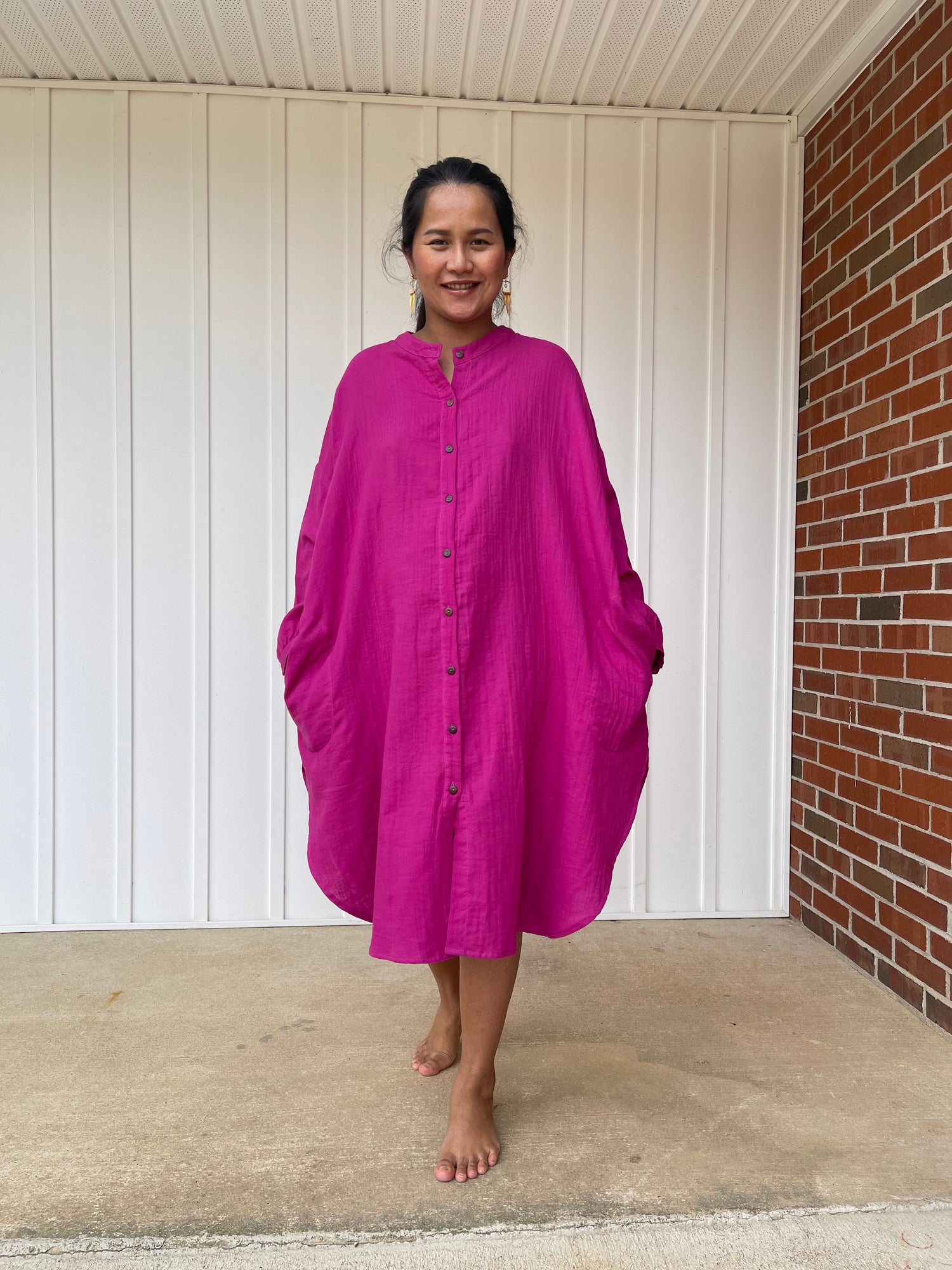 MALA handworks Aura Double Gauze Cotton Midi Shirt Dress in Pink Fuchsia 1