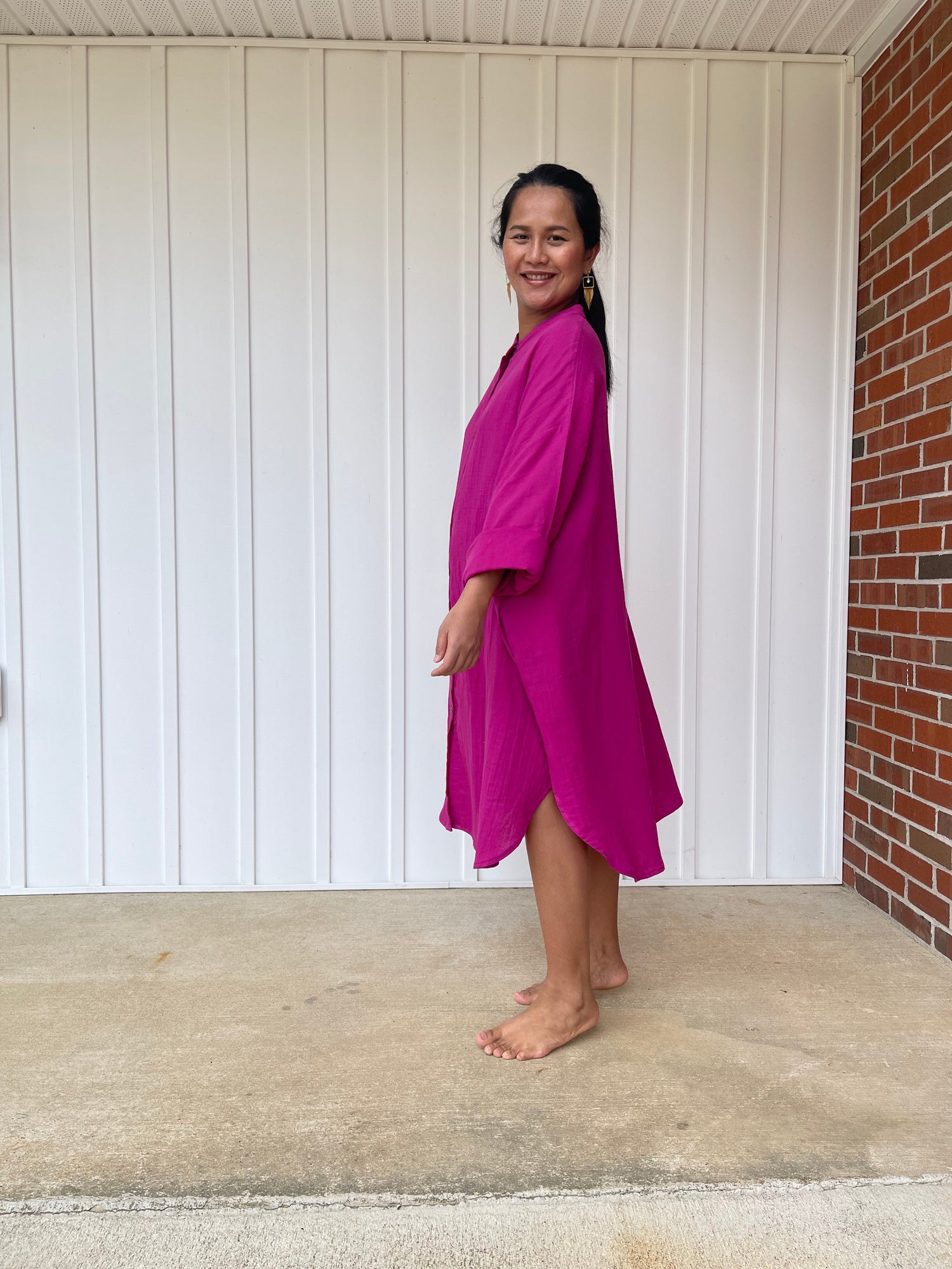 MALA handworks Aura Double Gauze Cotton Midi Shirt Dress in Pink Fuchsia 2