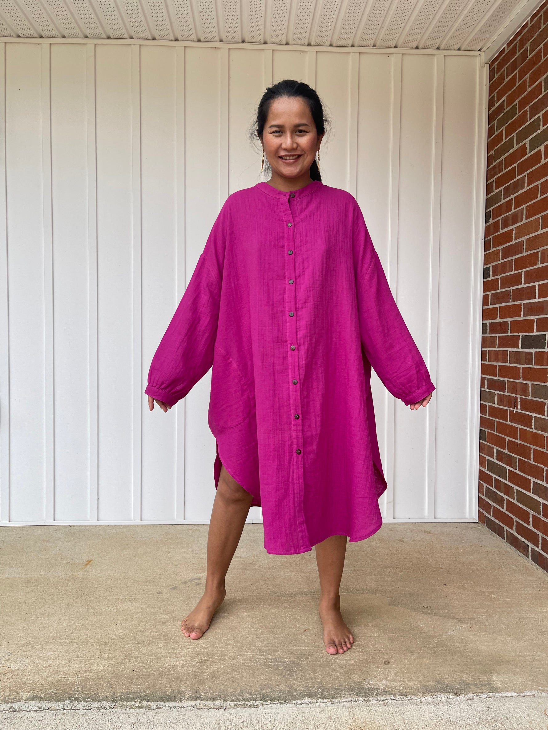MALA handworks Aura Double Gauze Cotton Midi Shirt Dress in Pink Fuchsia 5
