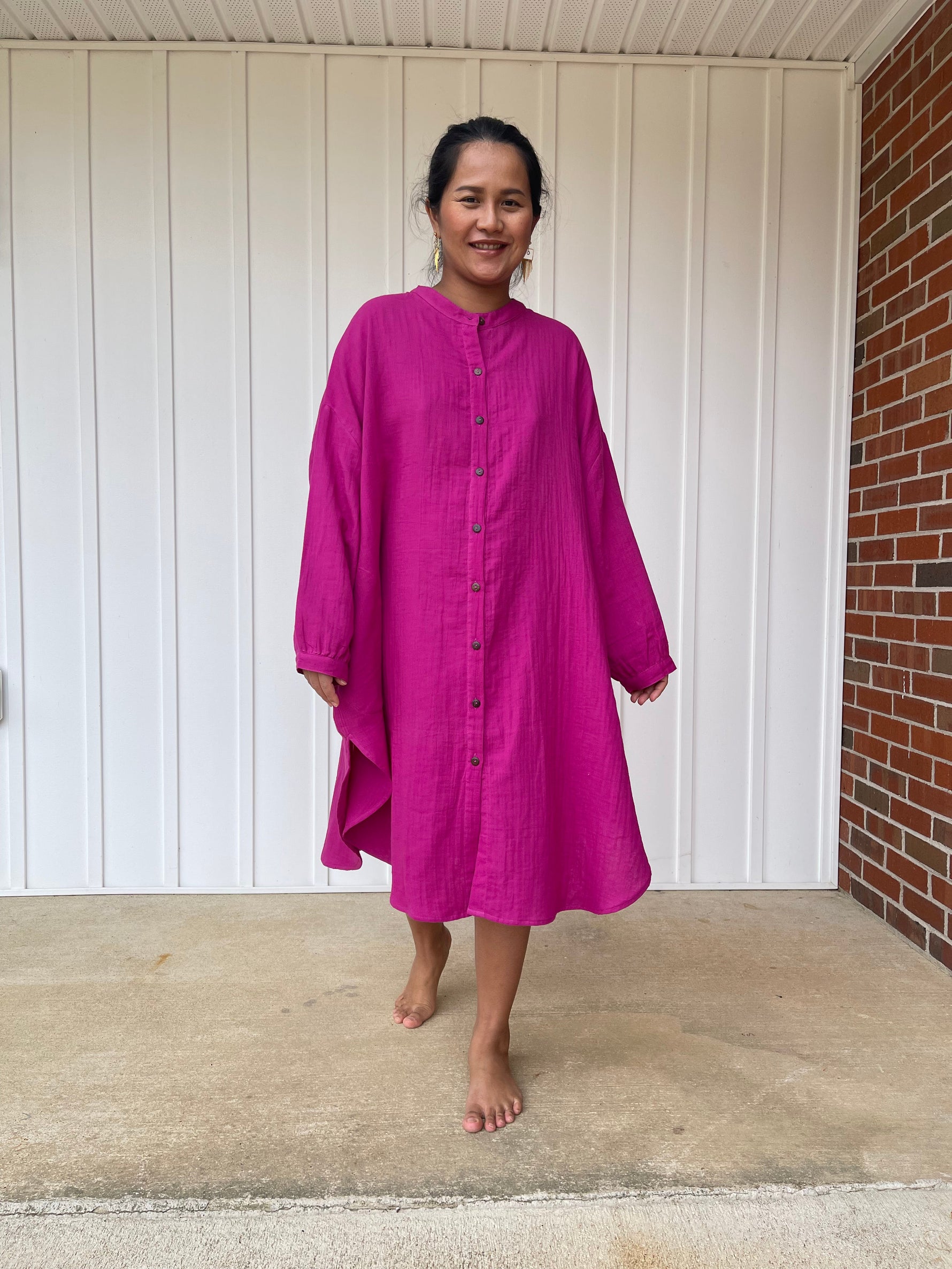 MALA handworks Aura Double Gauze Cotton Midi Shirt Dress in Pink Fuchsia 6