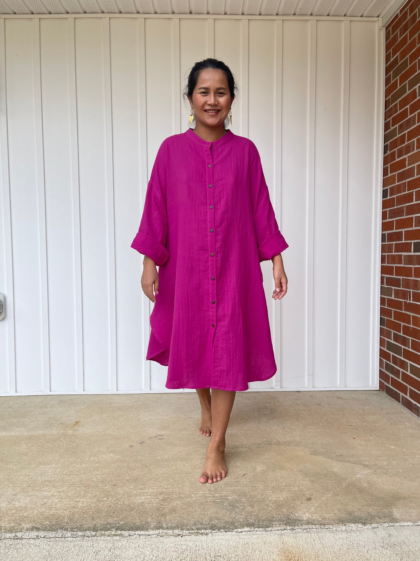 MALA handworks Aura Double Gauze Cotton Midi Shirt Dress in Fuchsia Pink
