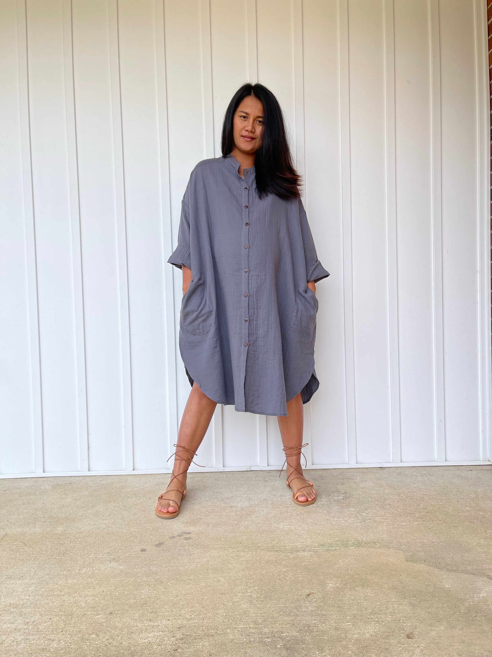 MALA handworks 41 in. Aura Double Gauze Cotton Midi Shirt Dress in Gray