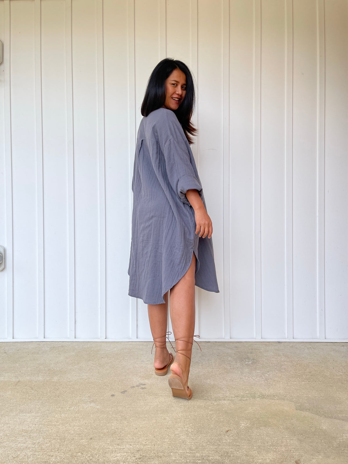MALA handworks 41 in. Aura Double Gauze Cotton Midi Shirt Dress in Gray
