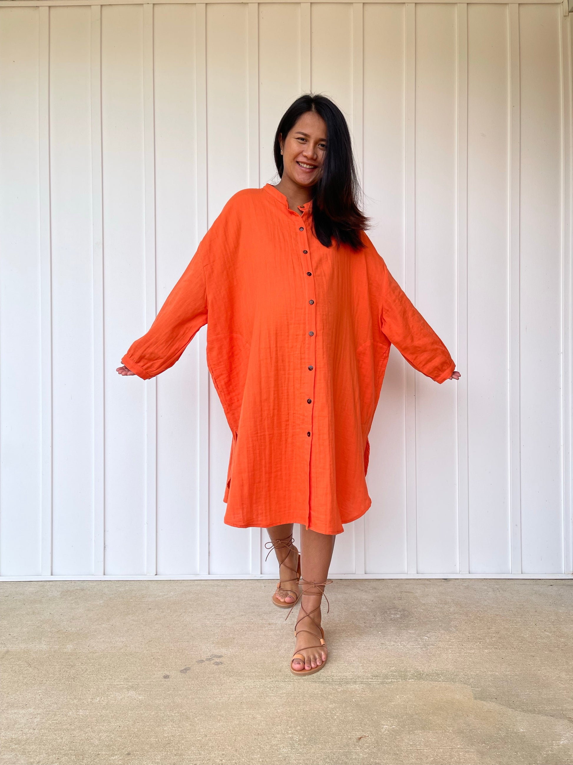 MALA handworks 41 in. Aura Double Gauze Cotton Midi Shirt Dress in Orange