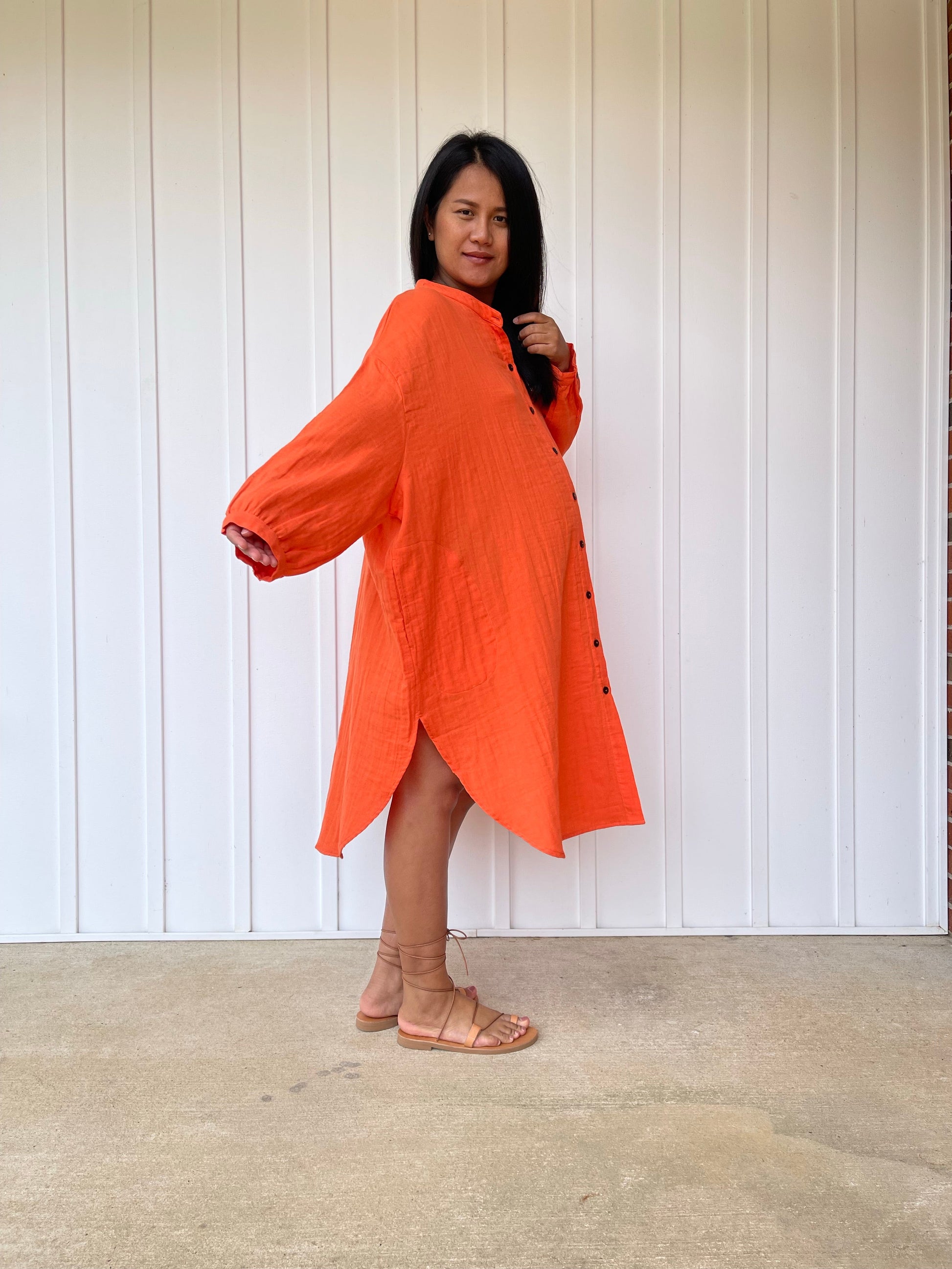 MALA handworks 41 in. Aura Double Gauze Cotton Midi Shirt Dress in Orange