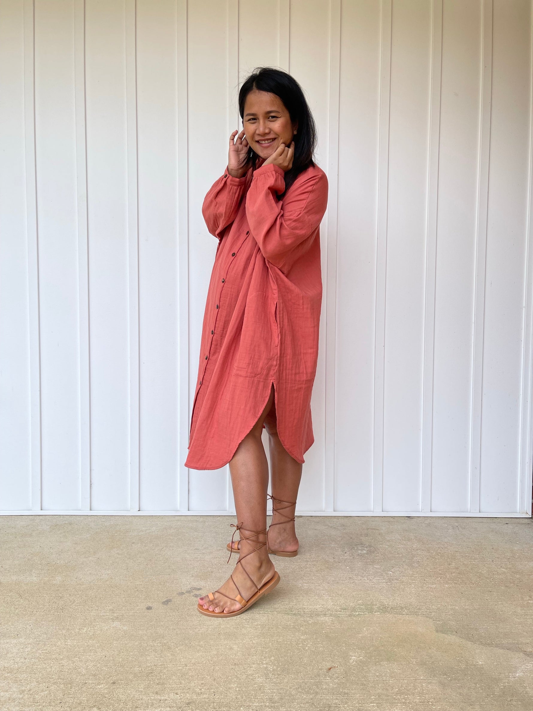 MALA handworks 41 in. Aura Double Gauze Cotton Midi Shirt Dress in Salmon Pink