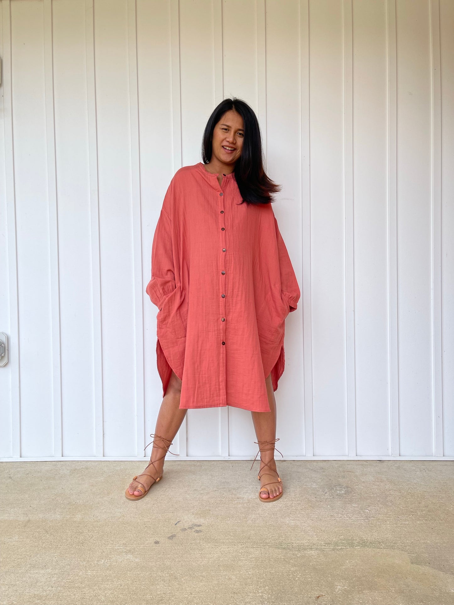 MALA handworks 41 in. Aura Double Gauze Cotton Midi Shirt Dress in Salmon Pink
