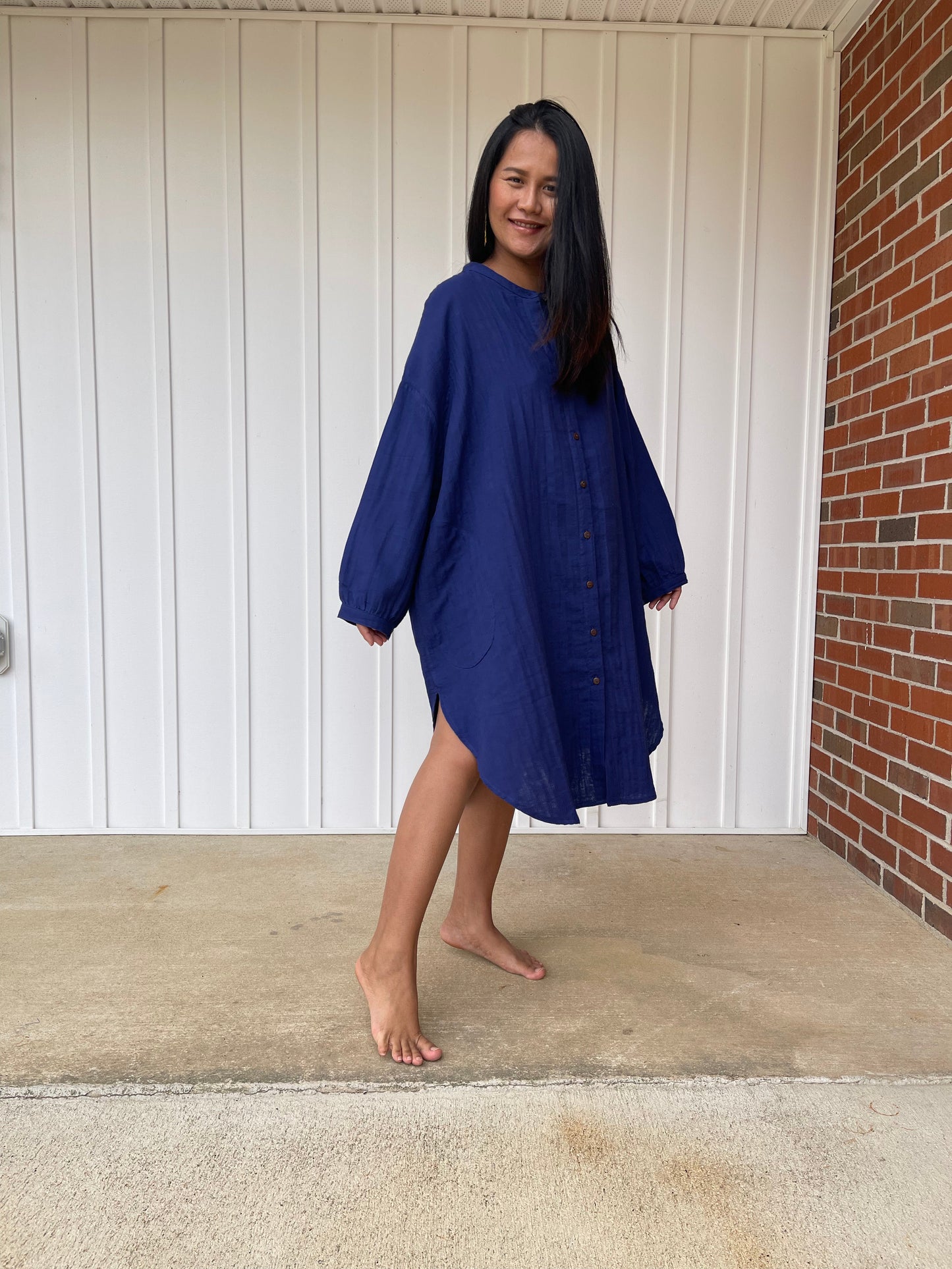 MALA handworks Aura Double Gauze Cotton Midi Shirt Dress in Sapphire Blue 5