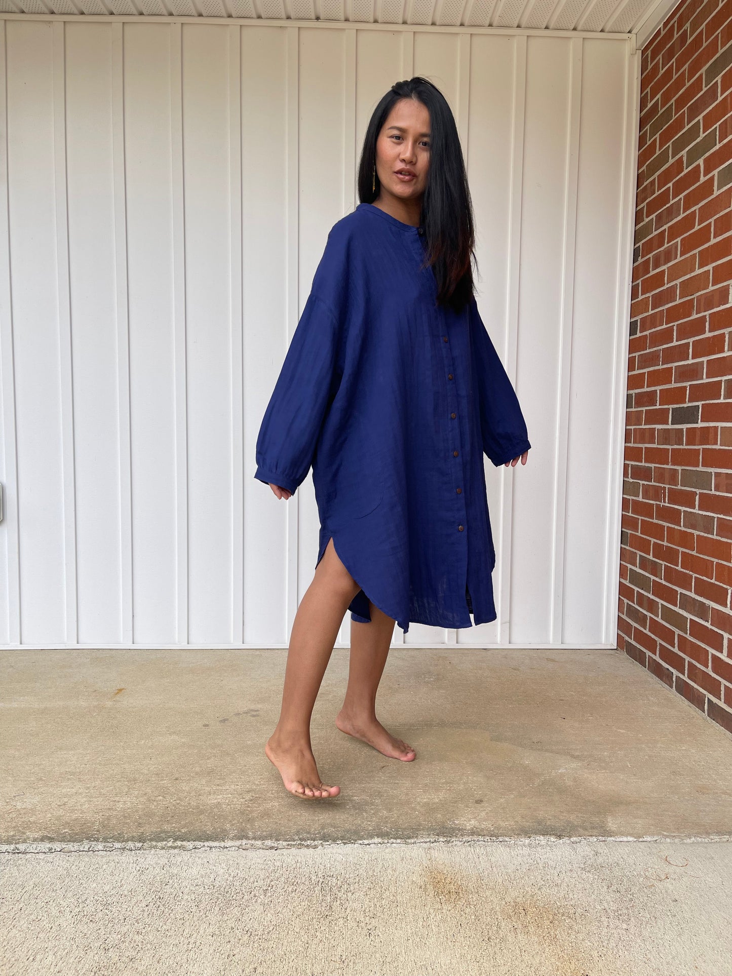 MALA handworks Aura Double Gauze Cotton Midi Shirt Dress in Sapphire Blue 4