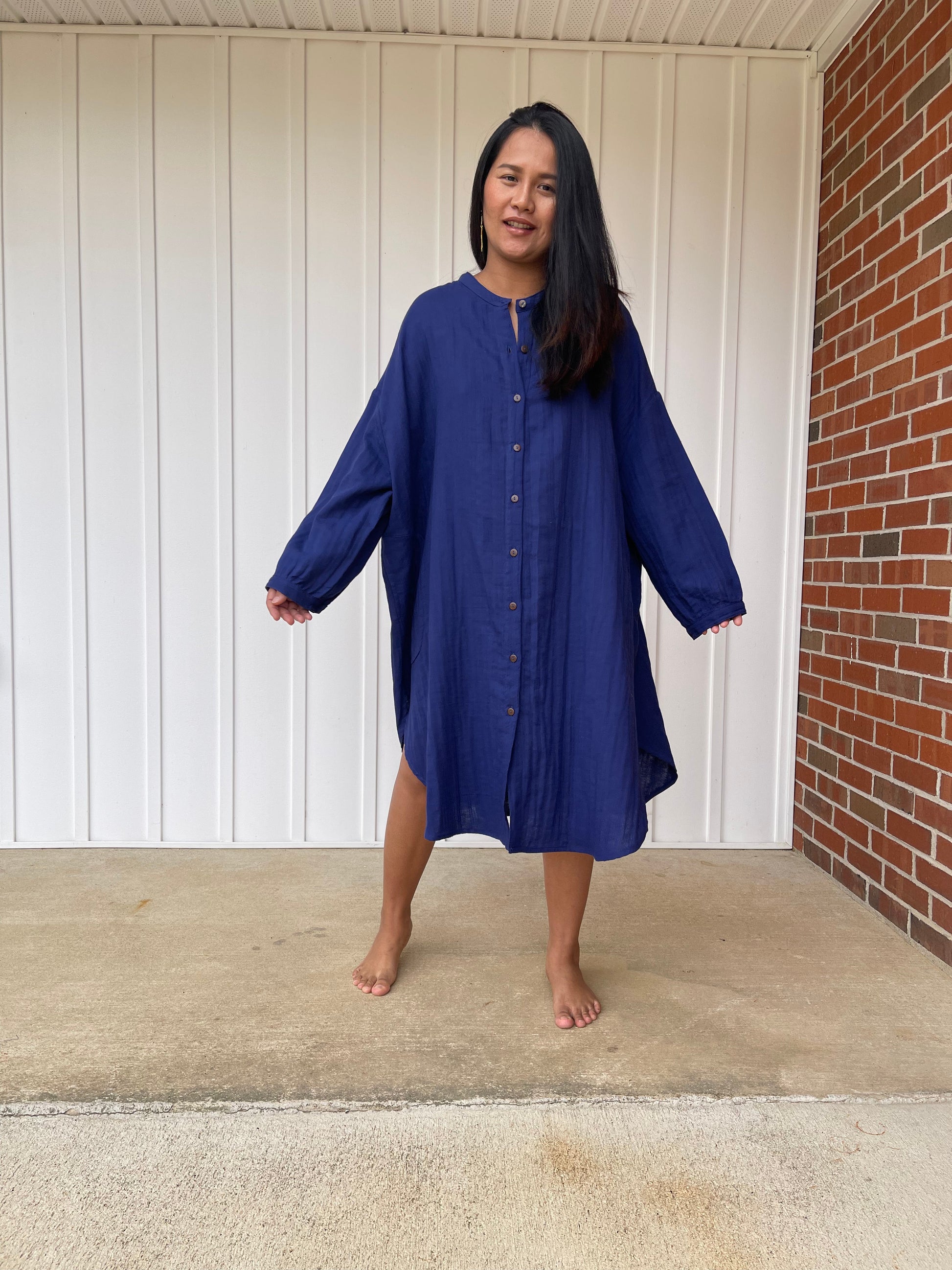 MALA handworks Aura Double Gauze Cotton Midi Shirt Dress in Sapphire Blue 2