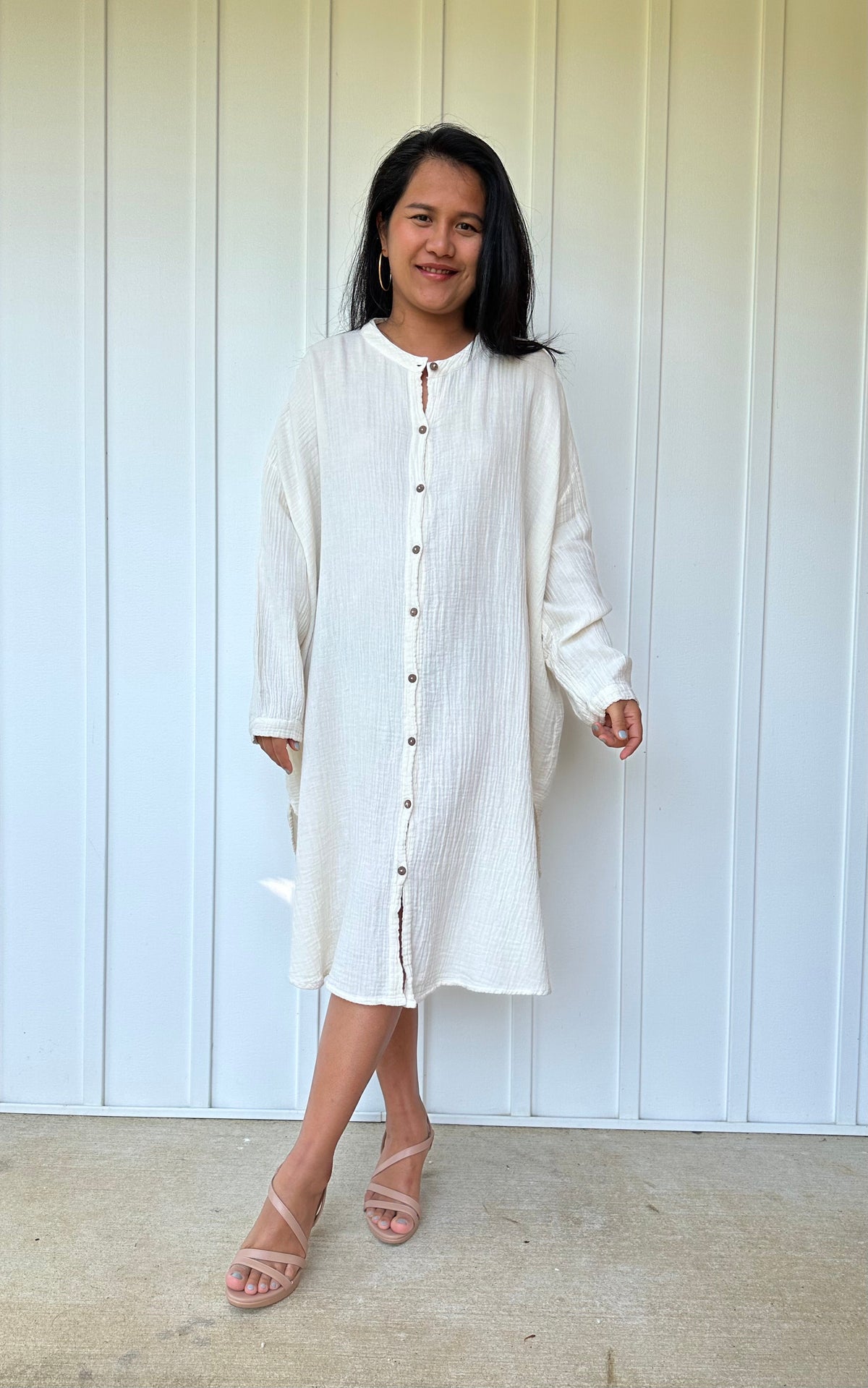 MALA handworks Aura Double Gauze Cotton Midi Shirt Dress in White
