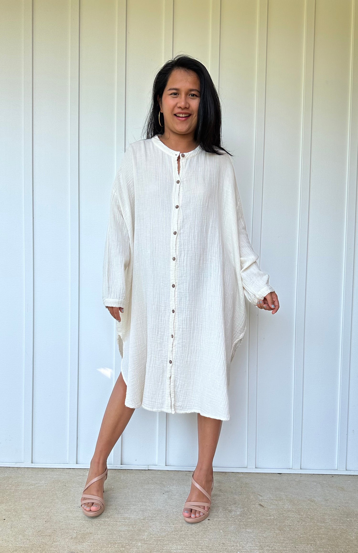 MALA handworks Aura Double Gauze Cotton Midi Shirt Dress in White