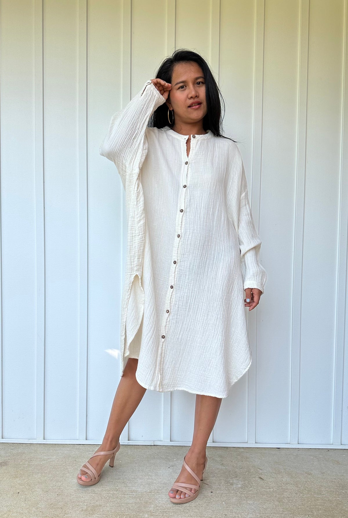 MALA handworks Aura Double Gauze Cotton Midi Shirt Dress in White