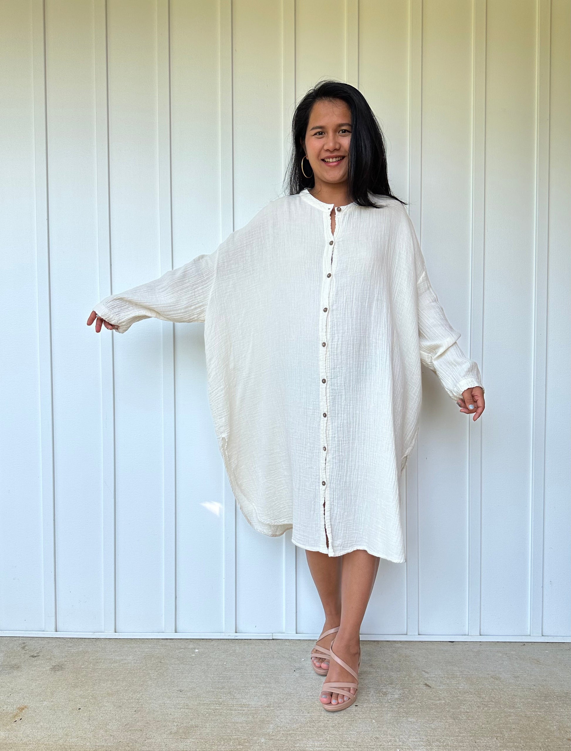 MALA handworks Aura Double Gauze Cotton Midi Shirt Dress in White