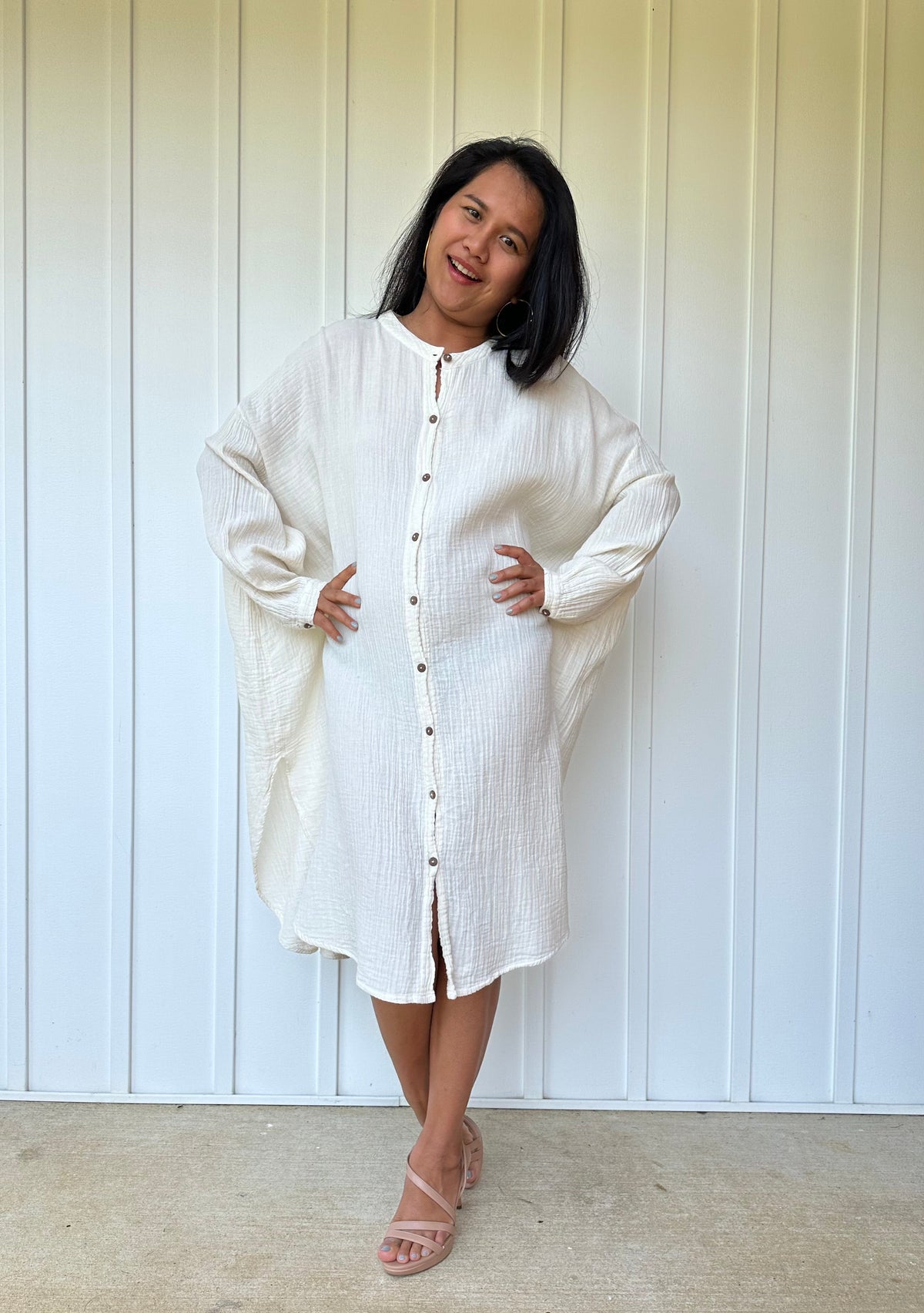 MALA handworks Aura Double Gauze Cotton Midi Shirt Dress in White