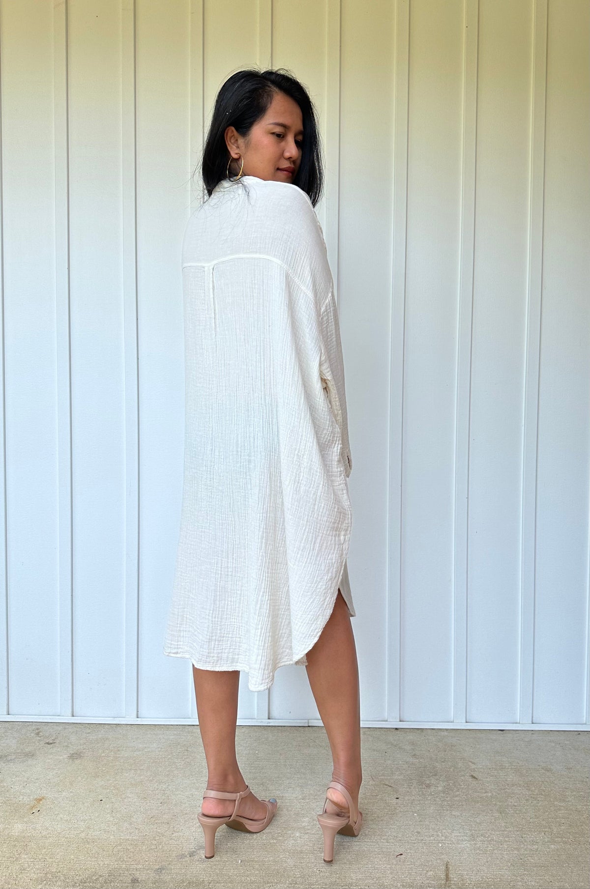 MALA handworks Aura Double Gauze Cotton Midi Shirt Dress in White