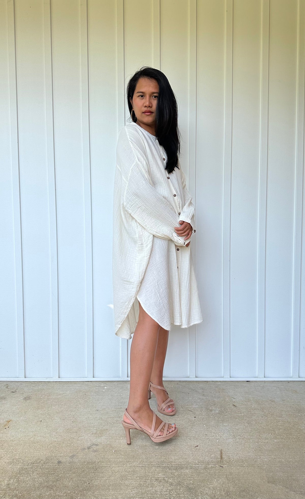 MALA handworks Aura Double Gauze Cotton Midi Shirt Dress in White