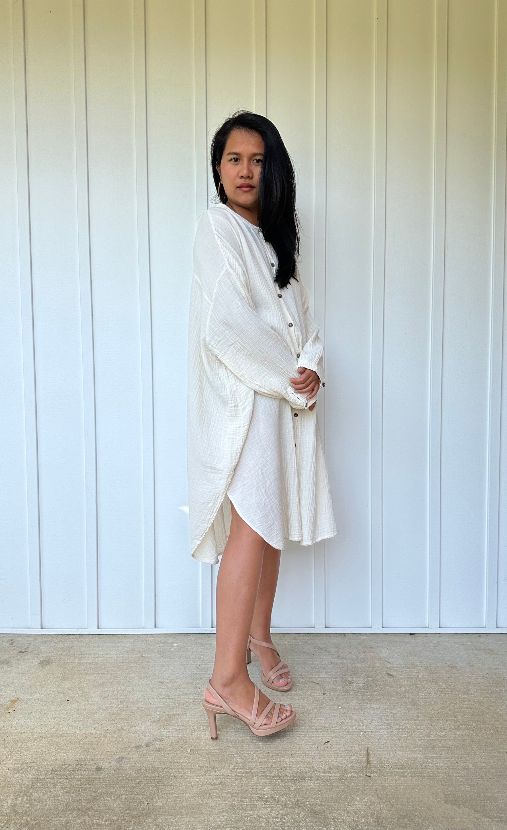 MALA handworks Aura Double Gauze Cotton Midi Shirt Dress in White