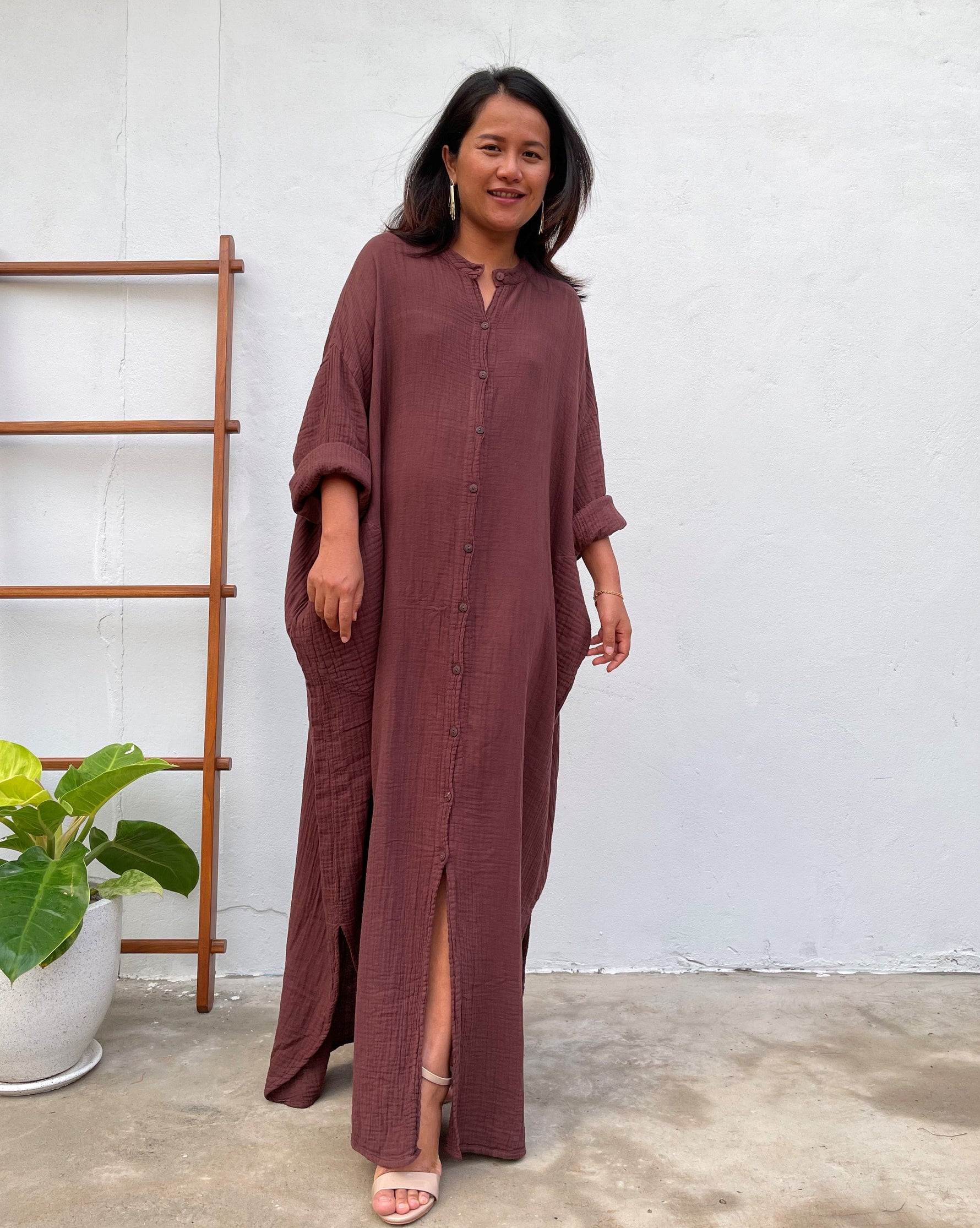 MALA handworks Aura Double Gauze Cotton Shirt Dress in Brown