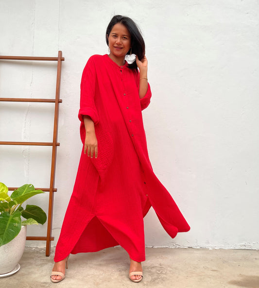 MALA handworks Aura Double Gauze Cotton Shirt Dress in Red
