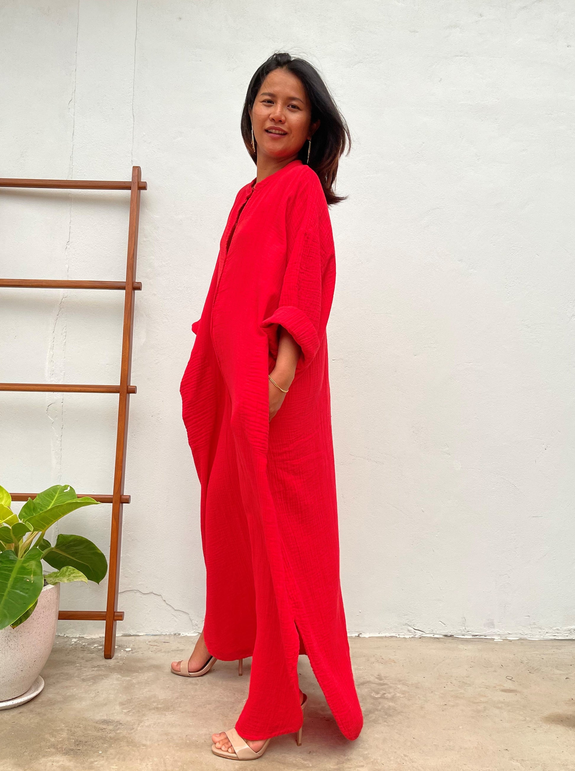 MALA handworks Aura Double Gauze Cotton Shirt Dress in Red