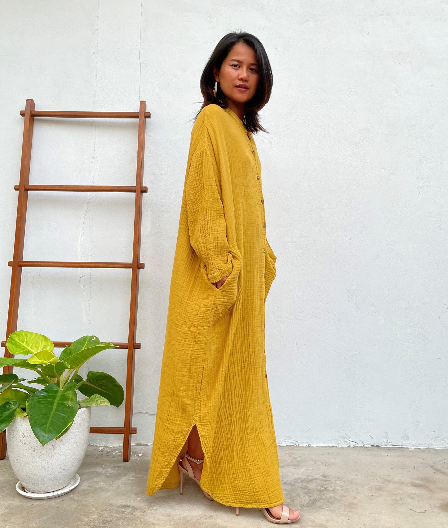 MALA handworks Aura Double Gauze Cotton Shirt Dress in Yellow Turmeric