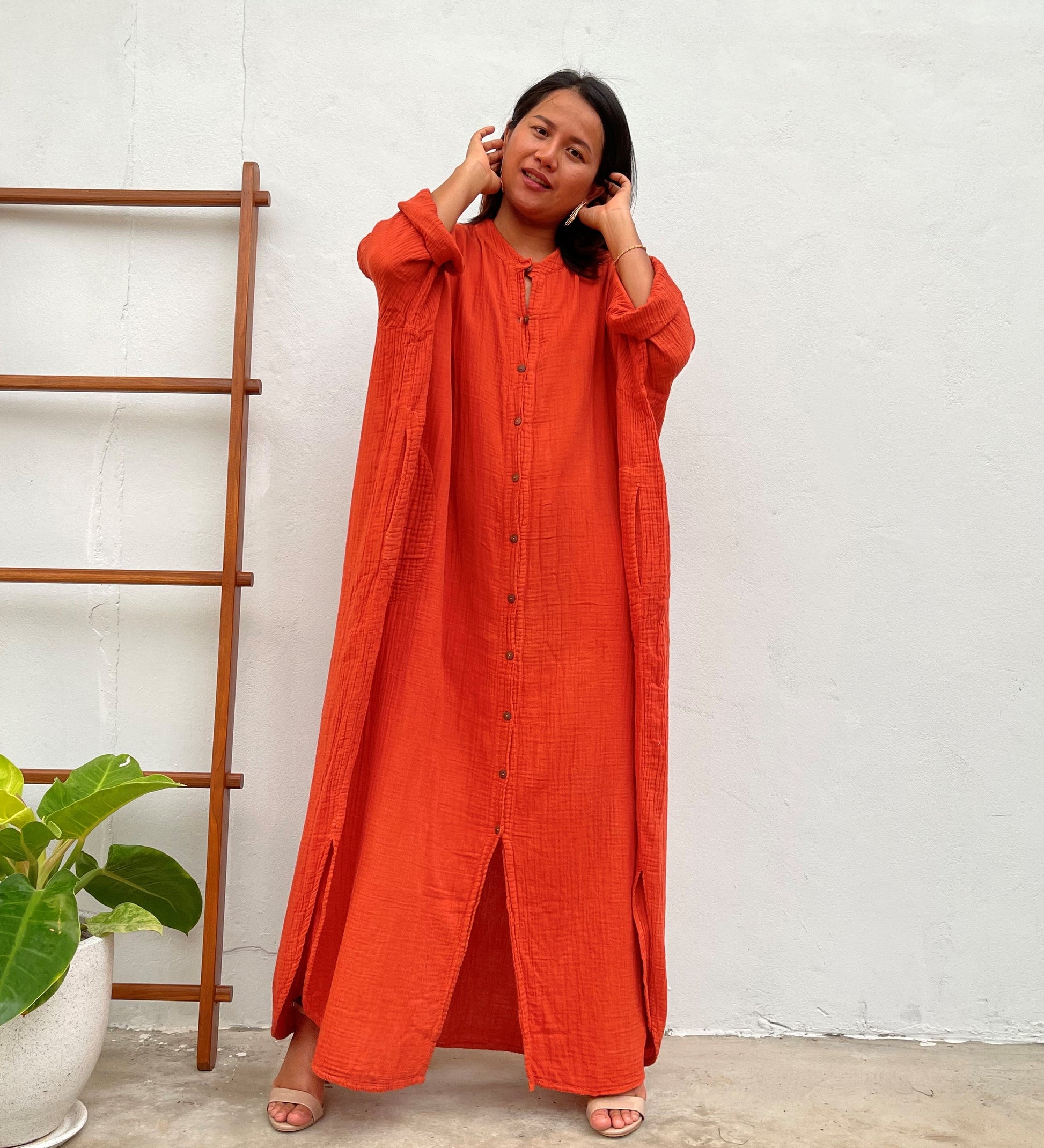 MALA handworks Aura Orange Double Gauze Cotton Shirt Dress in Orange