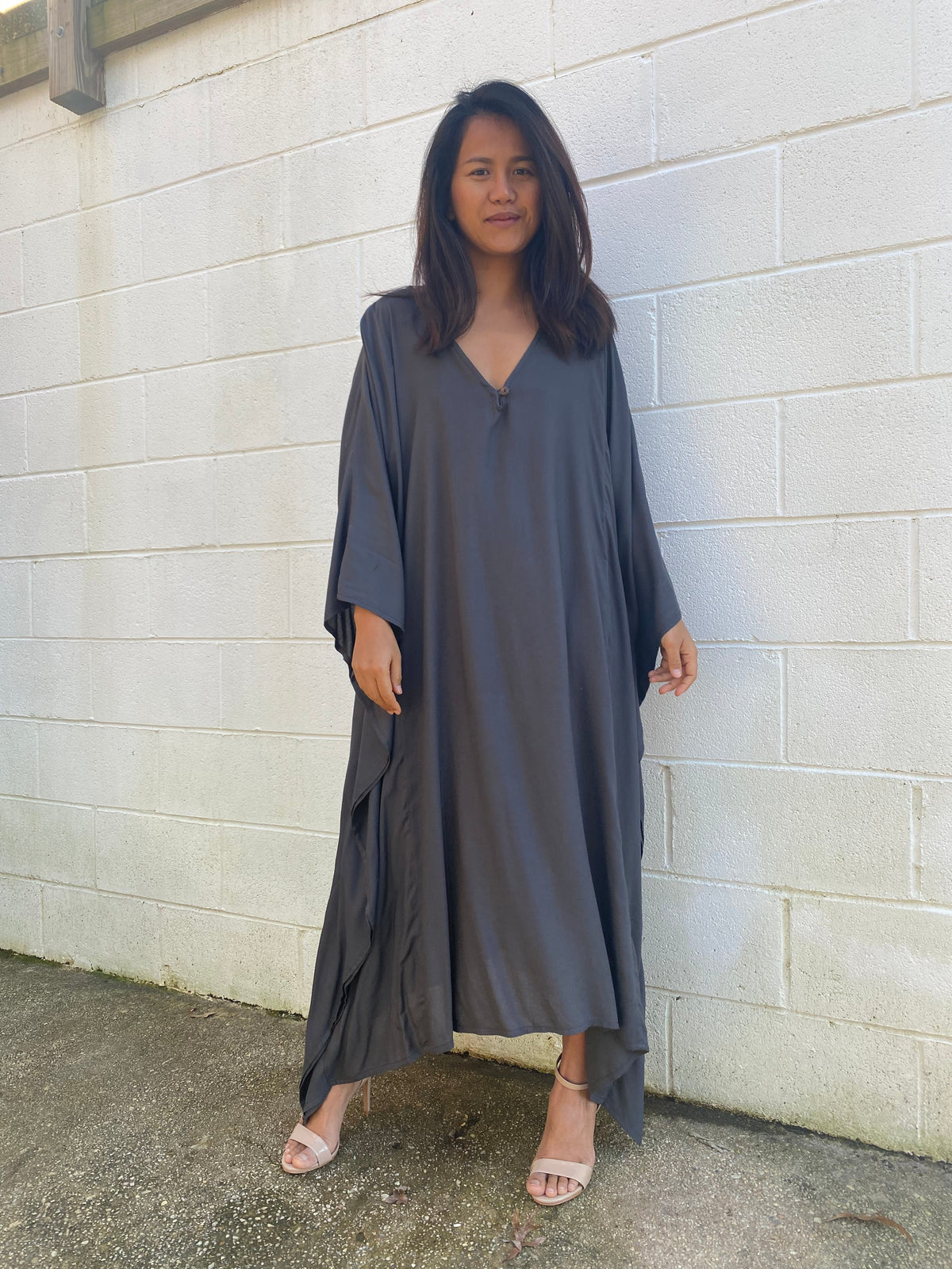 MALA handworks Bella Midi Kaftan in Dark Gray with front Button