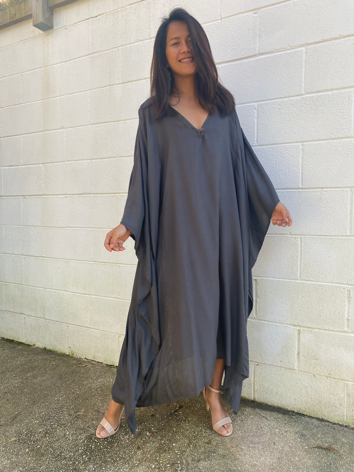 MALA handworks Bella Midi Kaftan in Dark Gray with front Button