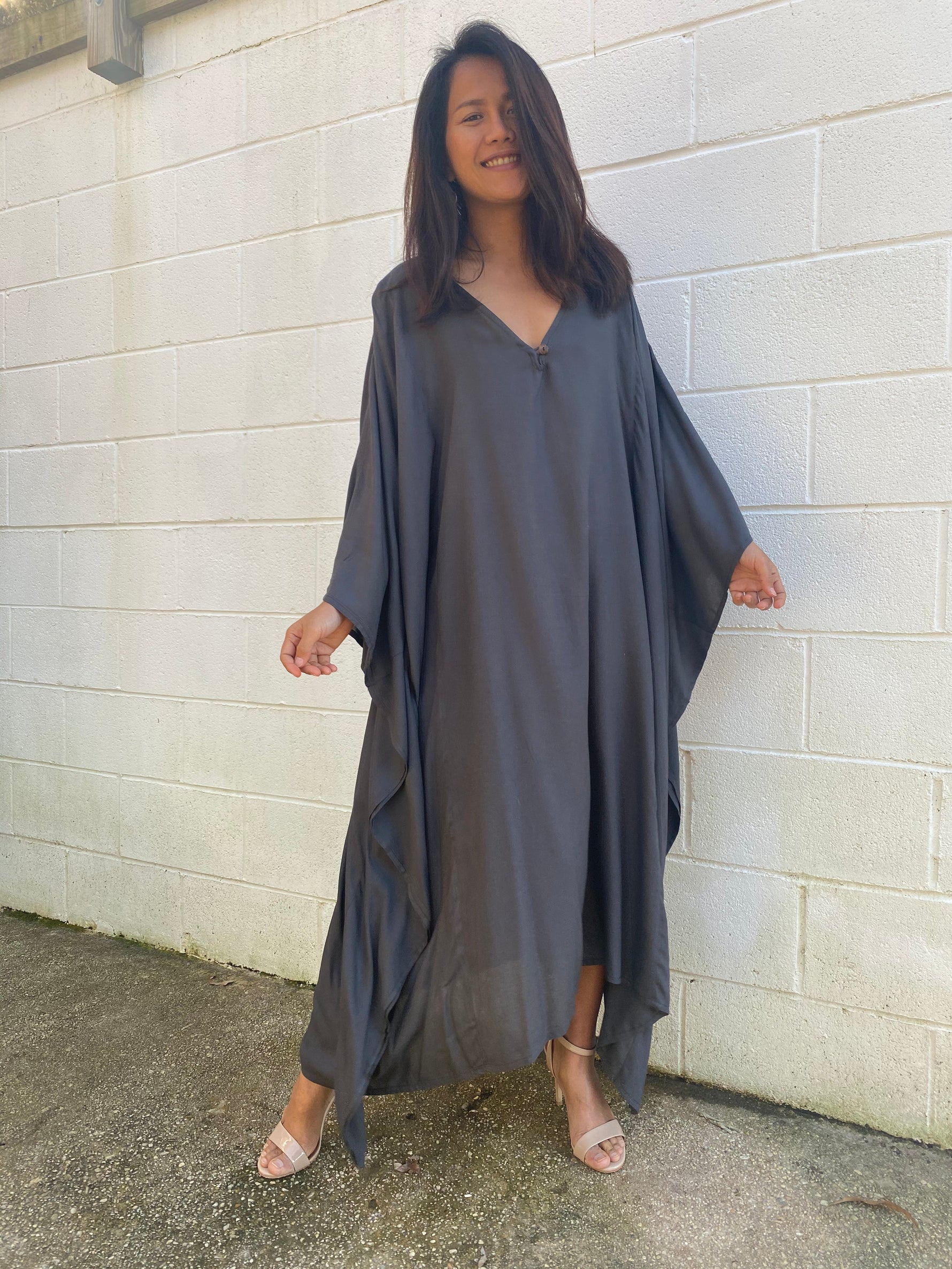 MALA handworks Bella Midi Kaftan in Dark Gray with front Button