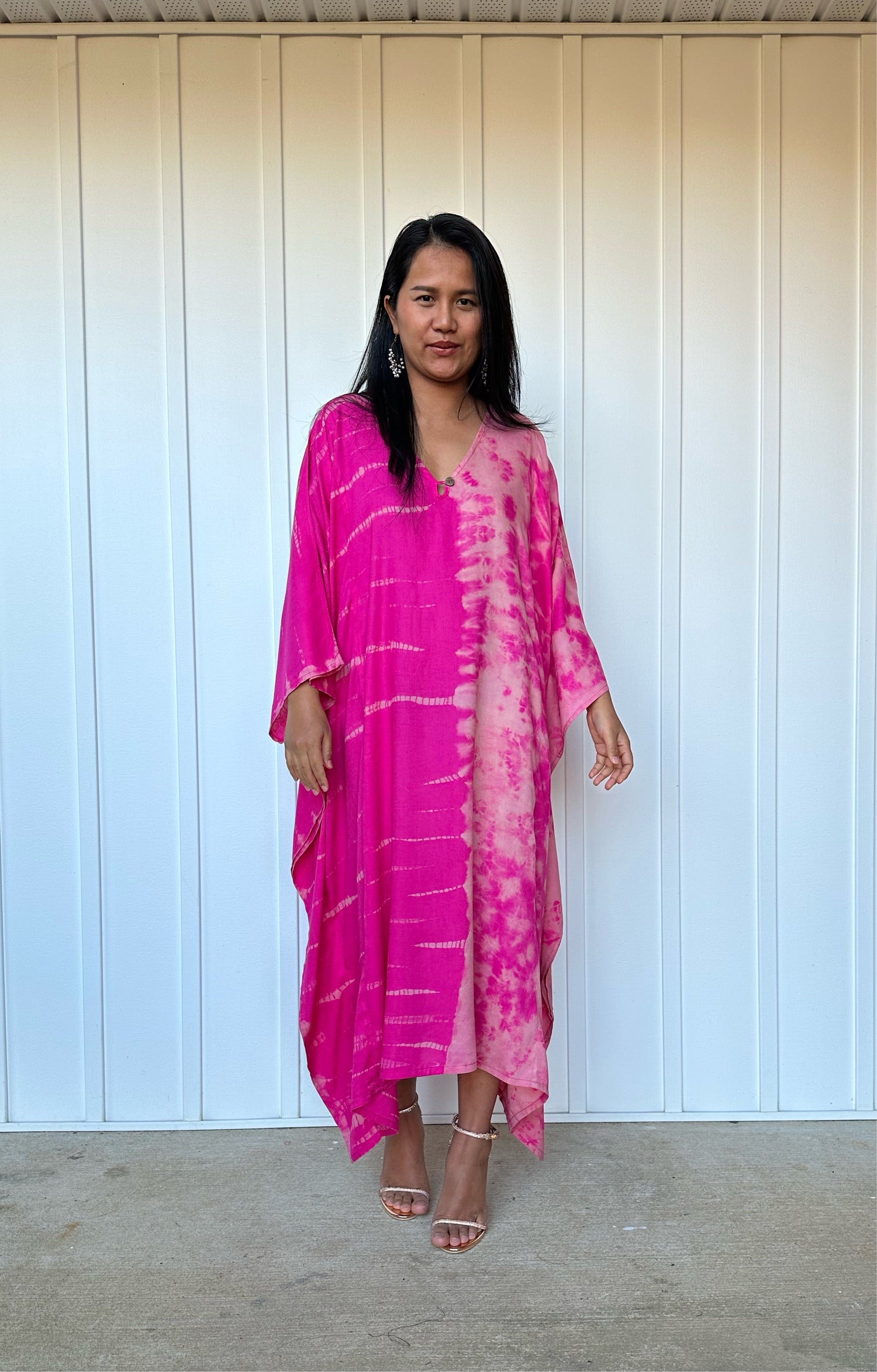 MALA handworks  Bella Midi Kaftan in Fuchsia Tie Dye with front Button
