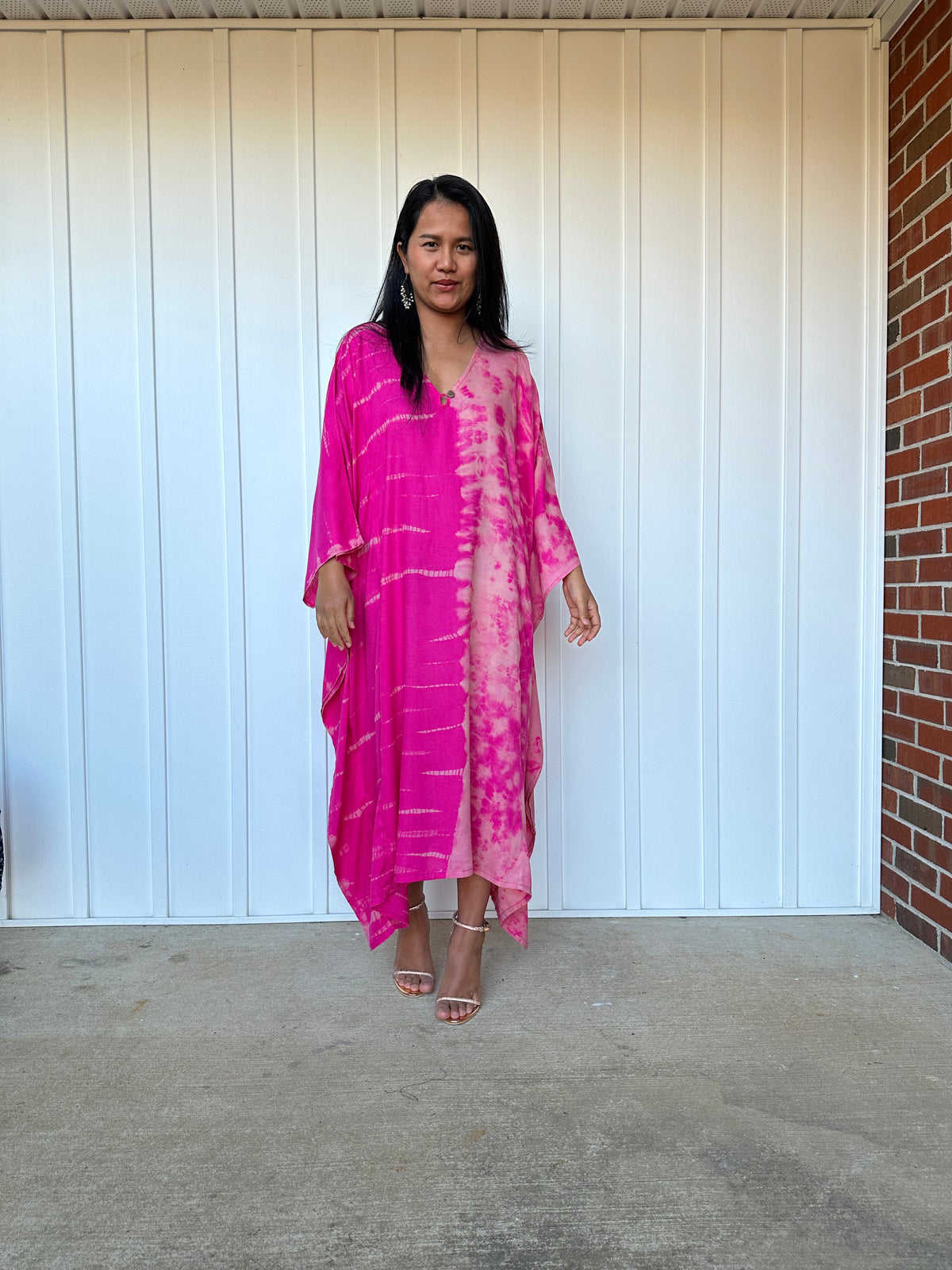 MALA handworks  Bella Midi Kaftan in Fuchsia Tie Dye with front Button