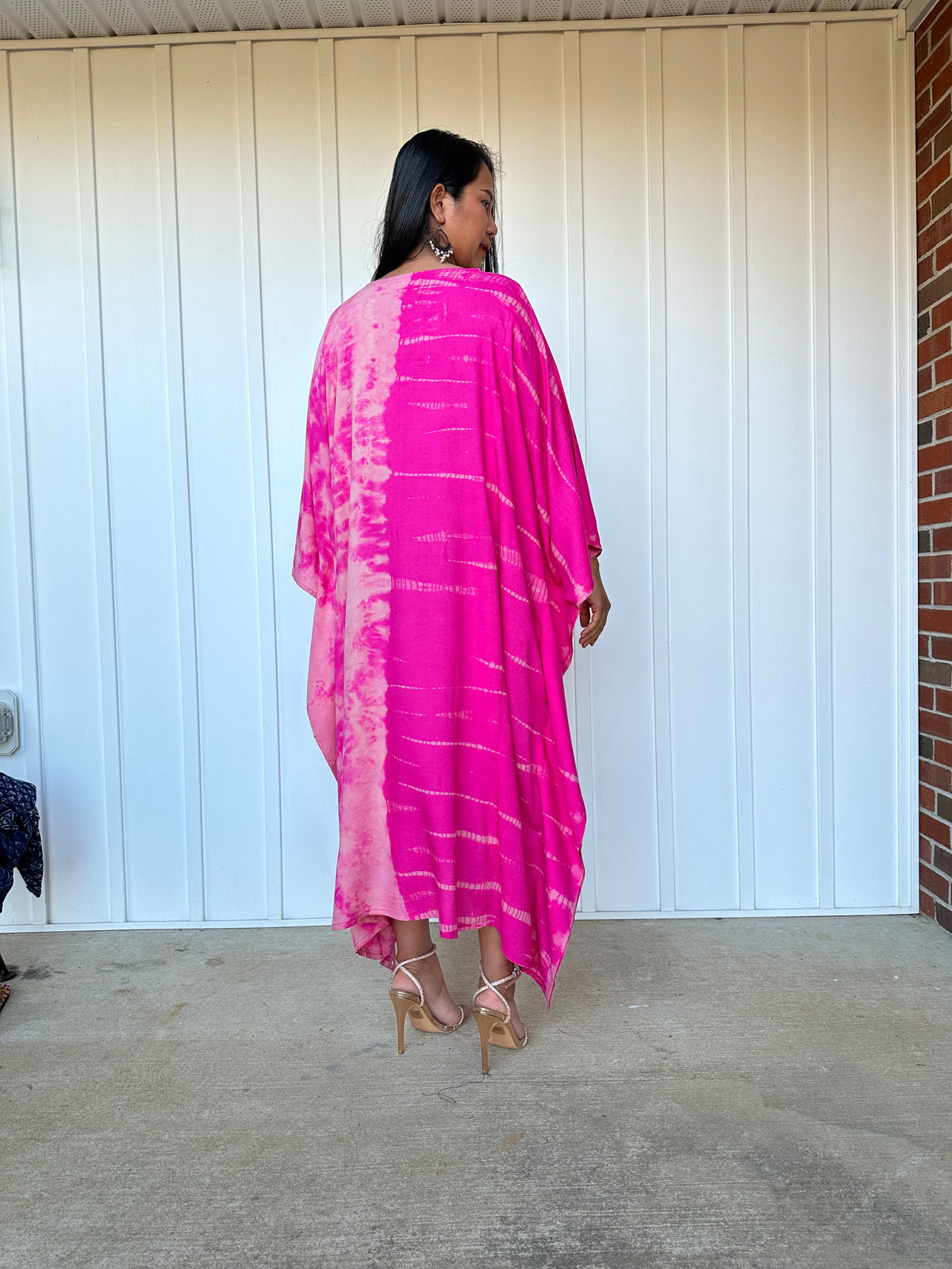 MALA handworks  Bella Midi Kaftan in Fuchsia Tie Dye with front Button