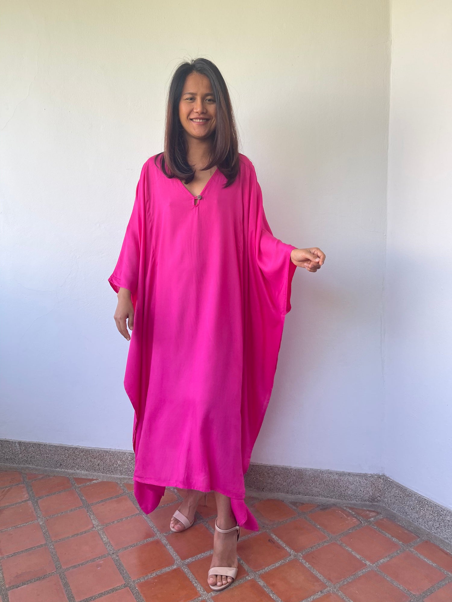 MALA handworks Bella Midi Kaftan in Fuchsia with front Button