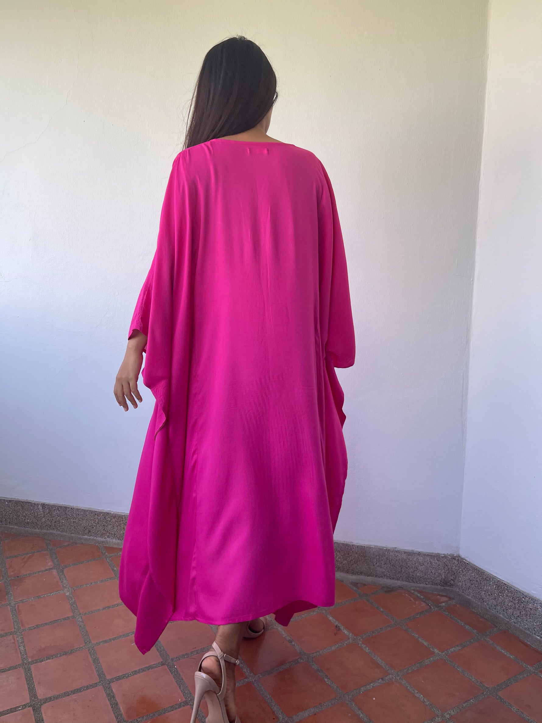MALA handworks Bella Midi Kaftan in Fuchsia with front Button