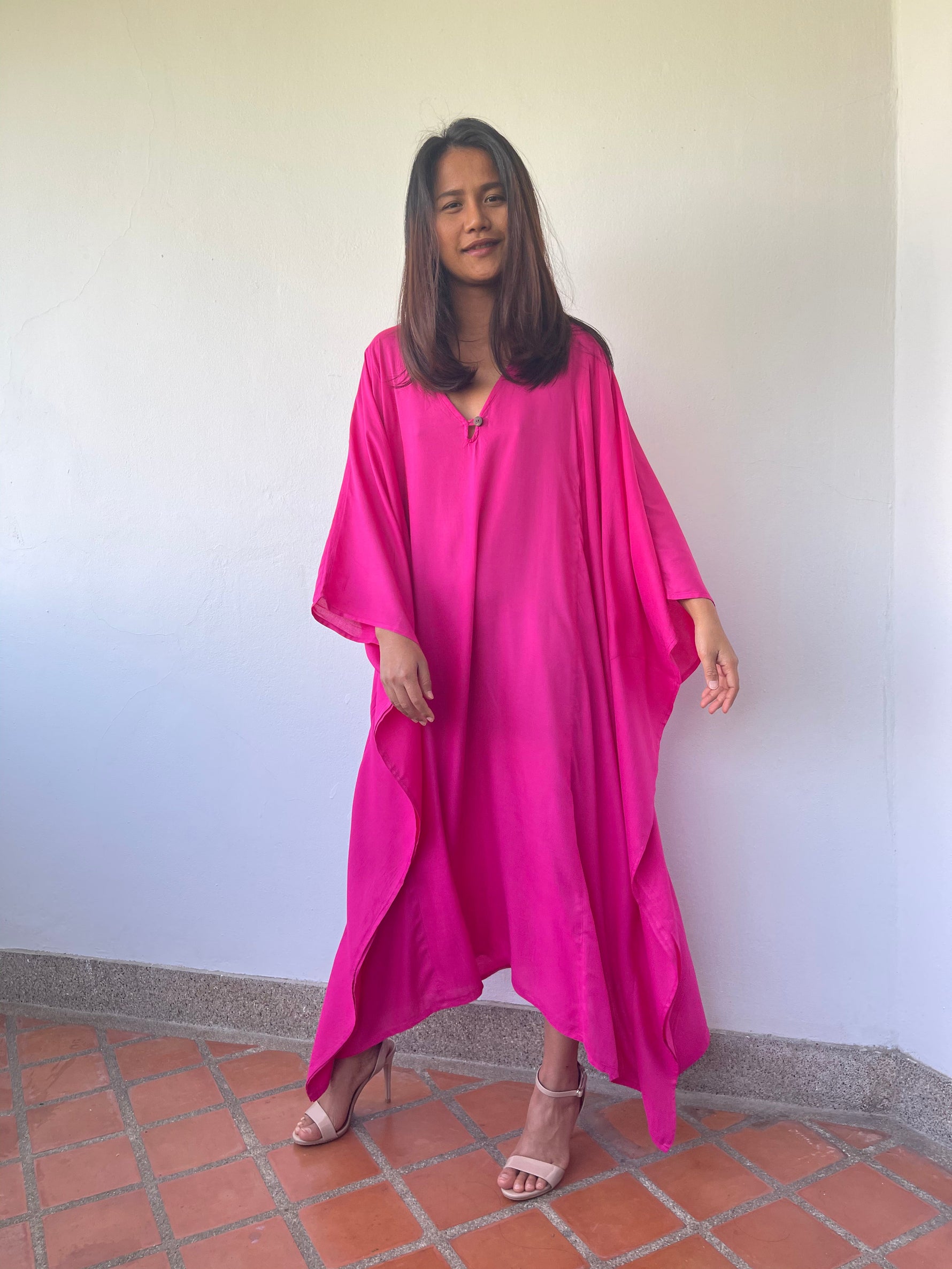 MALA handworks Bella Midi Kaftan in Fuchsia with front Button
