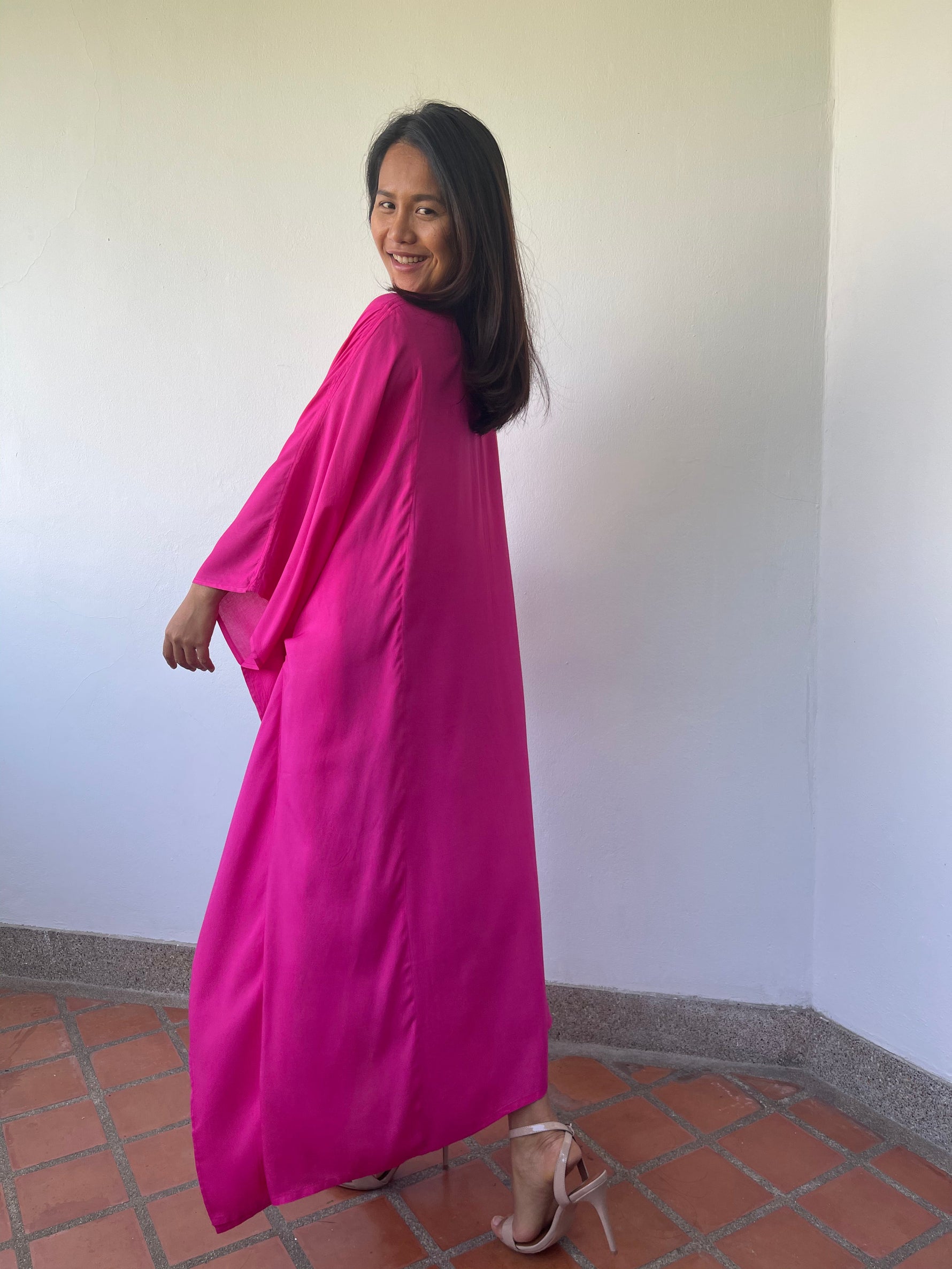 MALA handworks Bella Midi Kaftan in Fuchsia with front Button
