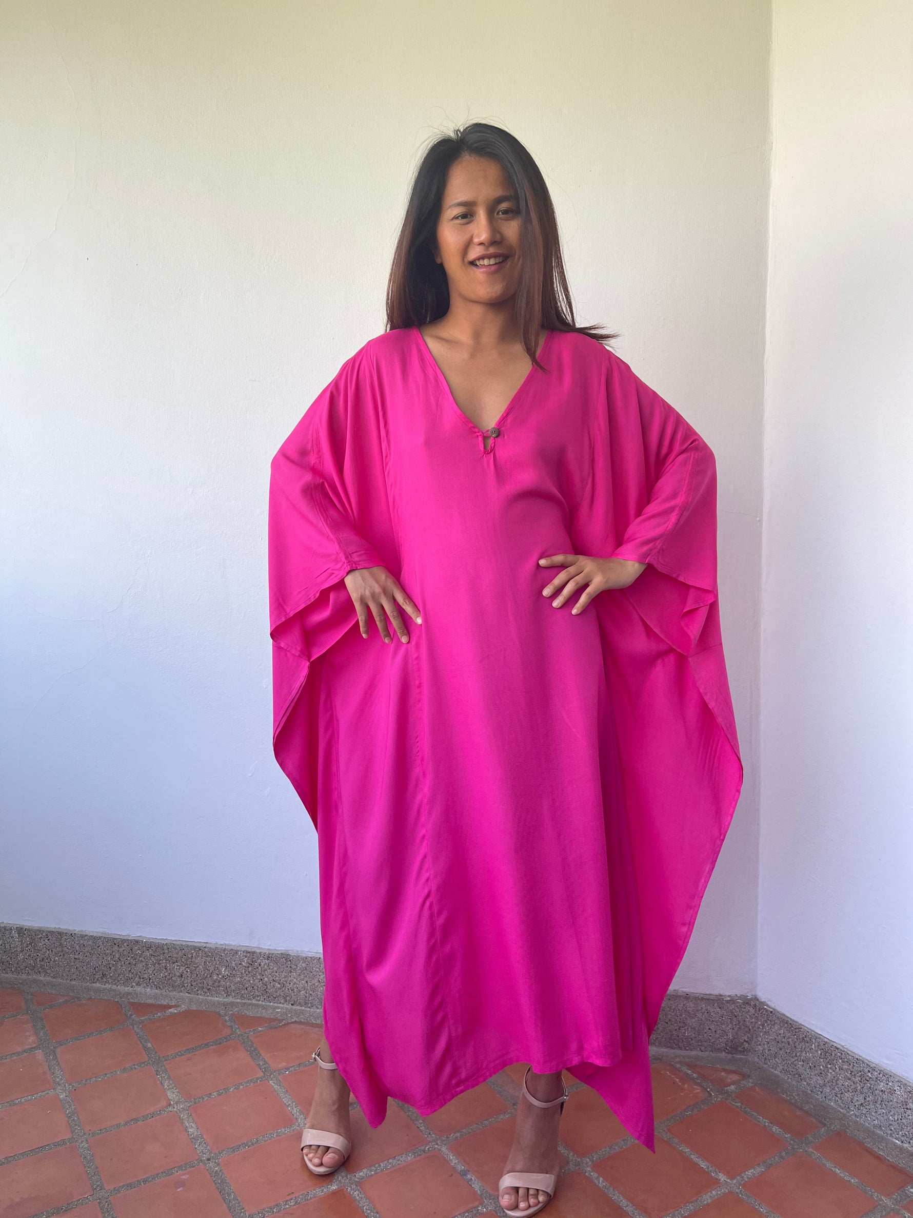 MALA handworks Bella Midi Kaftan in Fuchsia with front Button